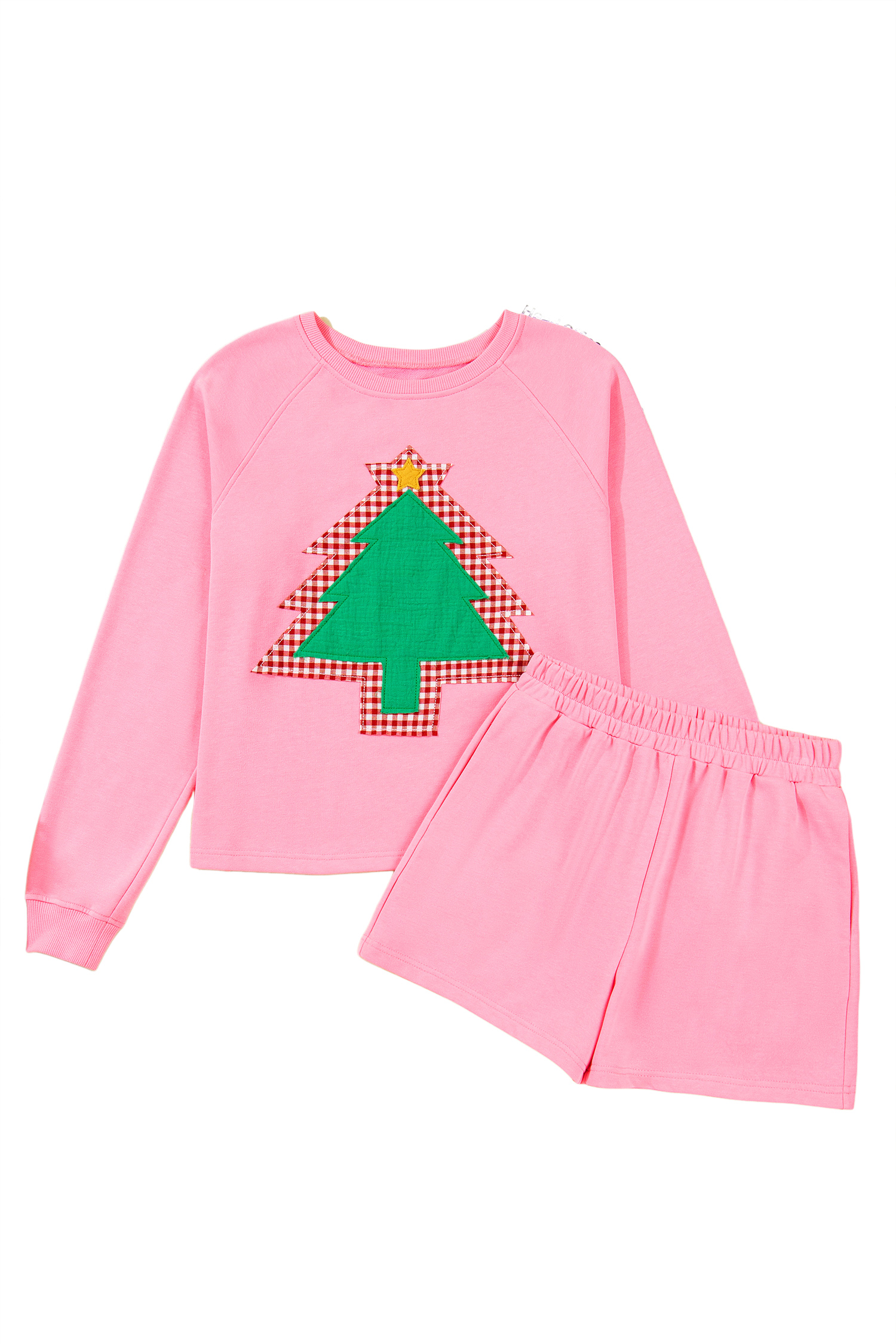 Sachet Pink Plaid Contrasted Double Christmas Tree Patched Raglan Sleeve Pullover 2pcs Short Set view 20