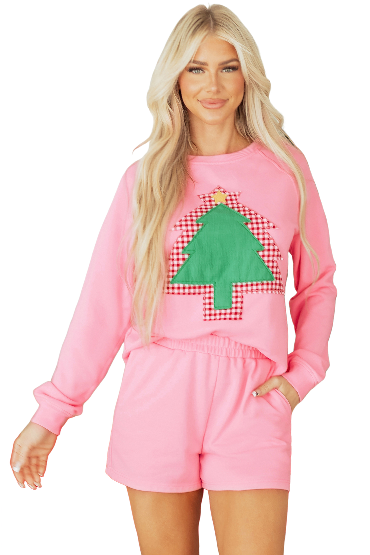 Sachet Pink Plaid Contrasted Double Christmas Tree Patched Raglan Sleeve Pullover 2pcs Short Set view 21