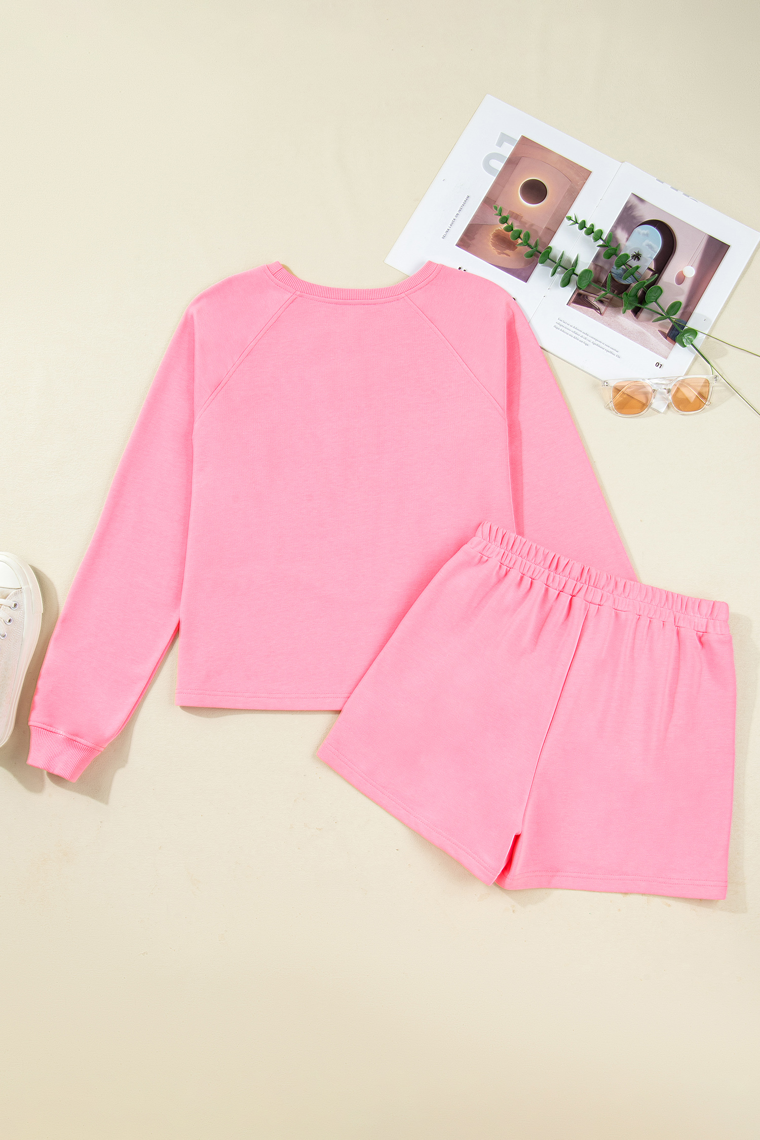 Sachet Pink Plaid Contrasted Double Christmas Tree Patched Raglan Sleeve Pullover 2pcs Short Set view 9