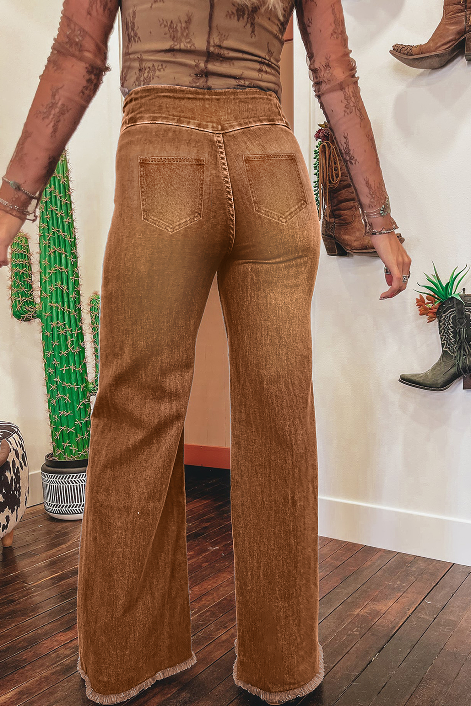 Coffee High Waist Button Fly Seamed Raw Hem Flare Jeans view 2