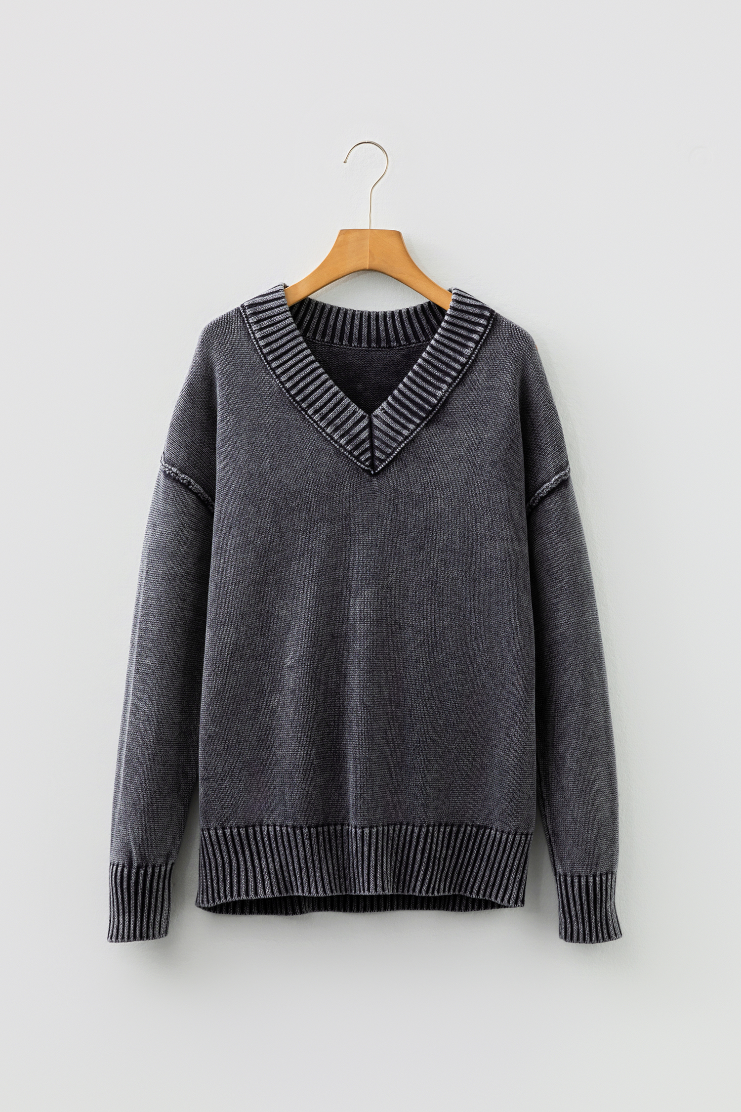 Black Mineral Wash V Neck Knit Exposed Seam Drop Shoulder Loose Sweater view 12