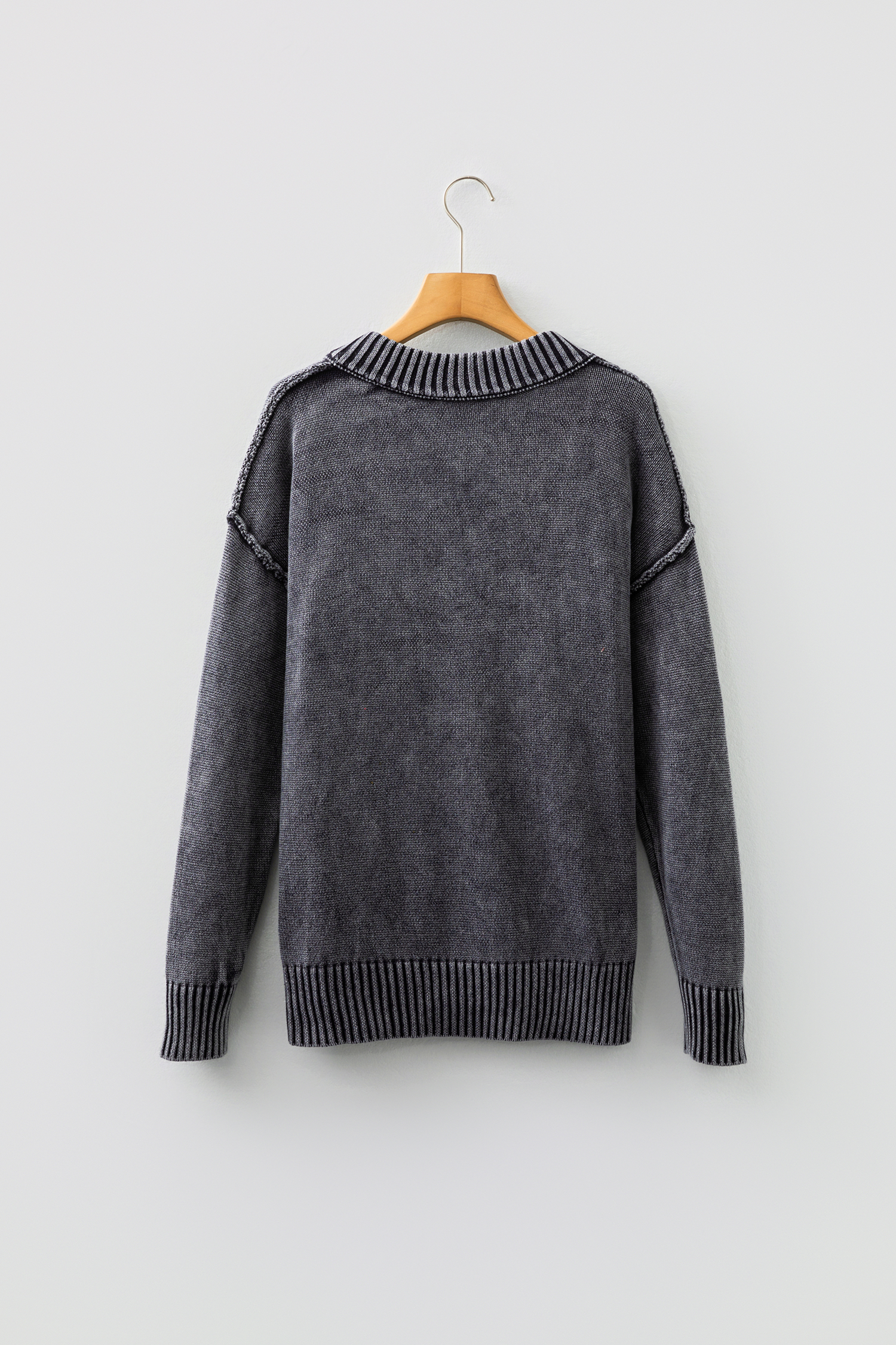 Black Mineral Wash V Neck Knit Exposed Seam Drop Shoulder Loose Sweater view 13