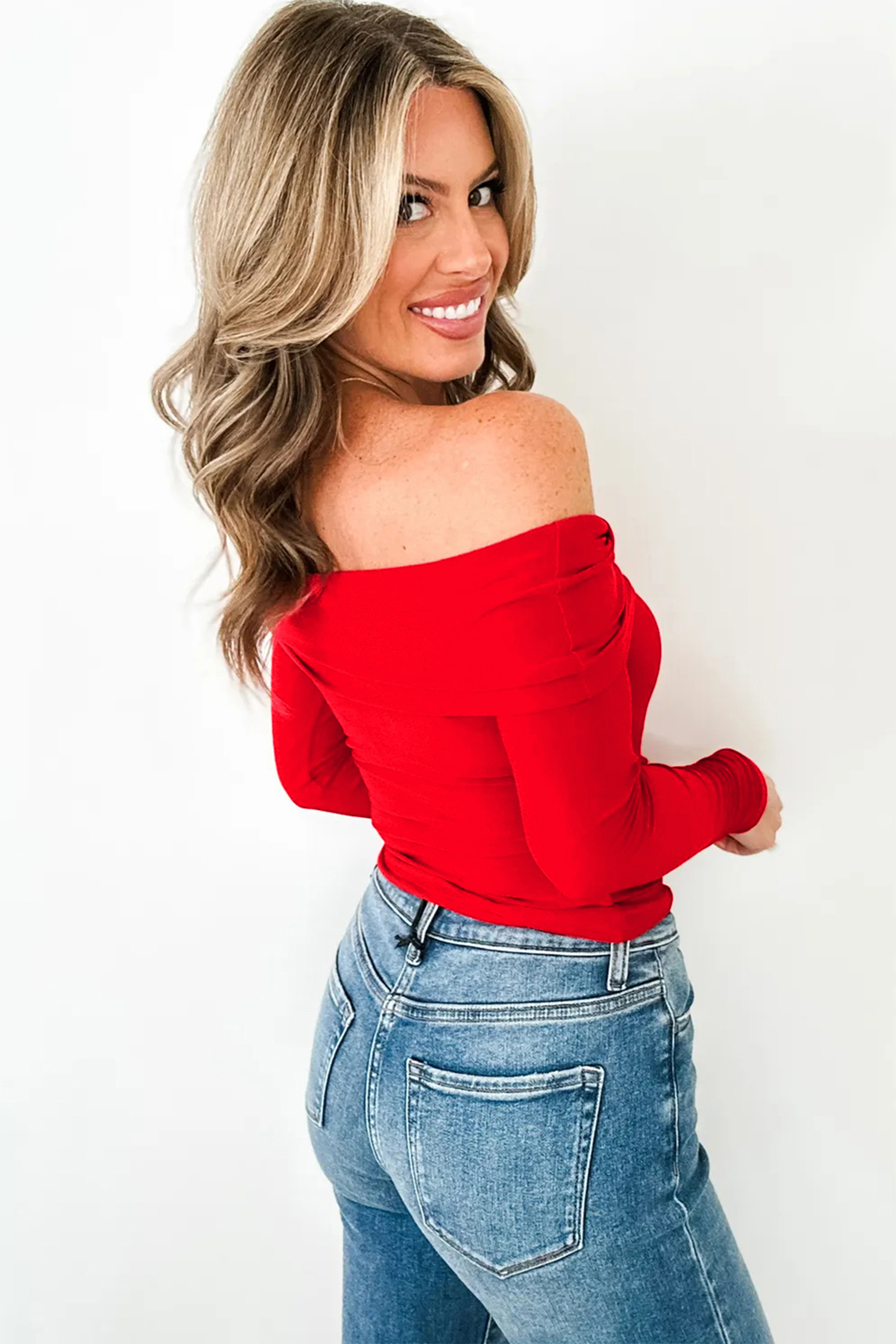 Fiery Red Foldover Off Shoulder Long Sleeve Slim Top view 2