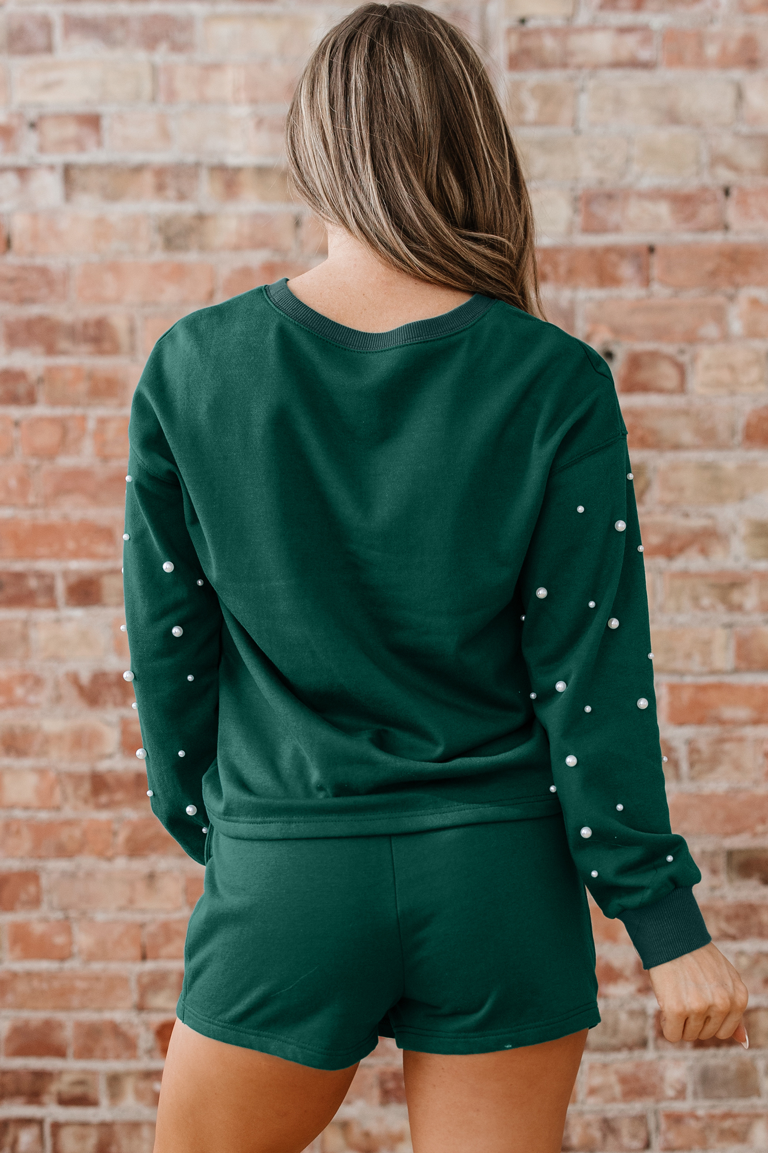 Dark Green Pearl Embellished Drop Shoulder Pullover Elastic Waist Mini Skirt Set view 2