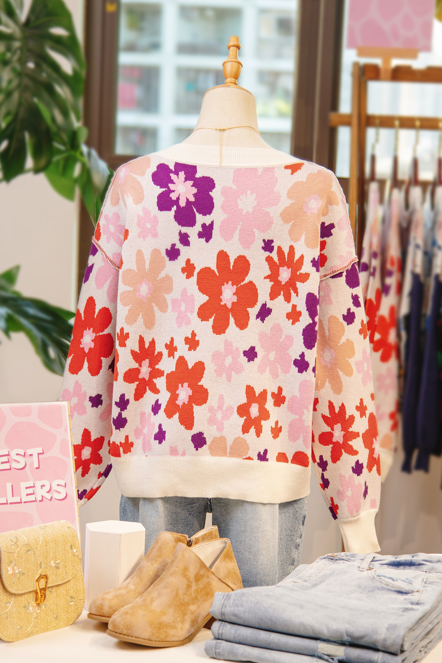 Khaki Fall Floral Pattern Drop Shoulder Sweater view 2