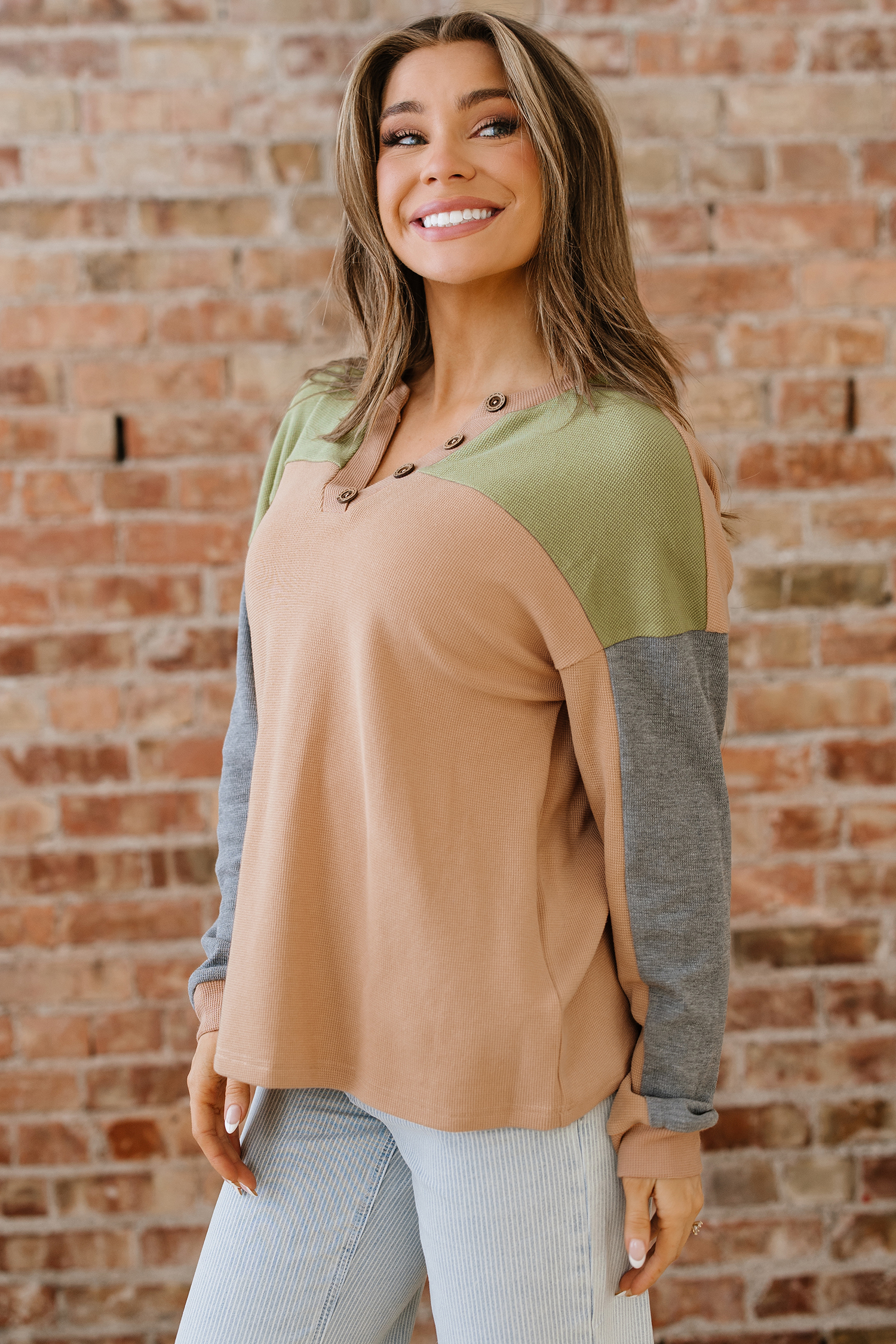 Buckskin Color Block Thermal Textured Knit Drop Shoulder Henley Top view 7