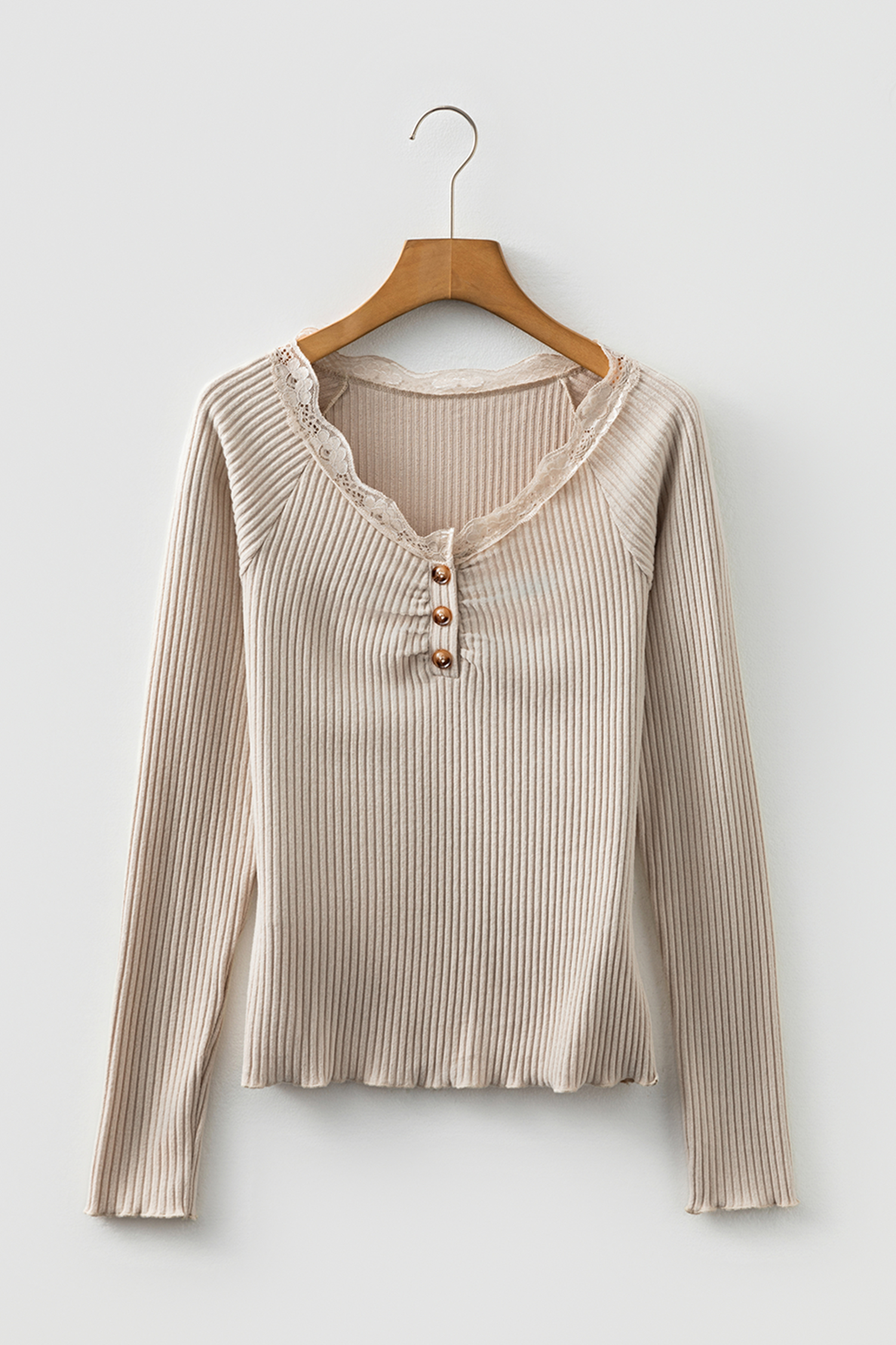 Beige Lace Neckline Button Decor Lettuce Edge Long Sleeve Ribbed Top view 26