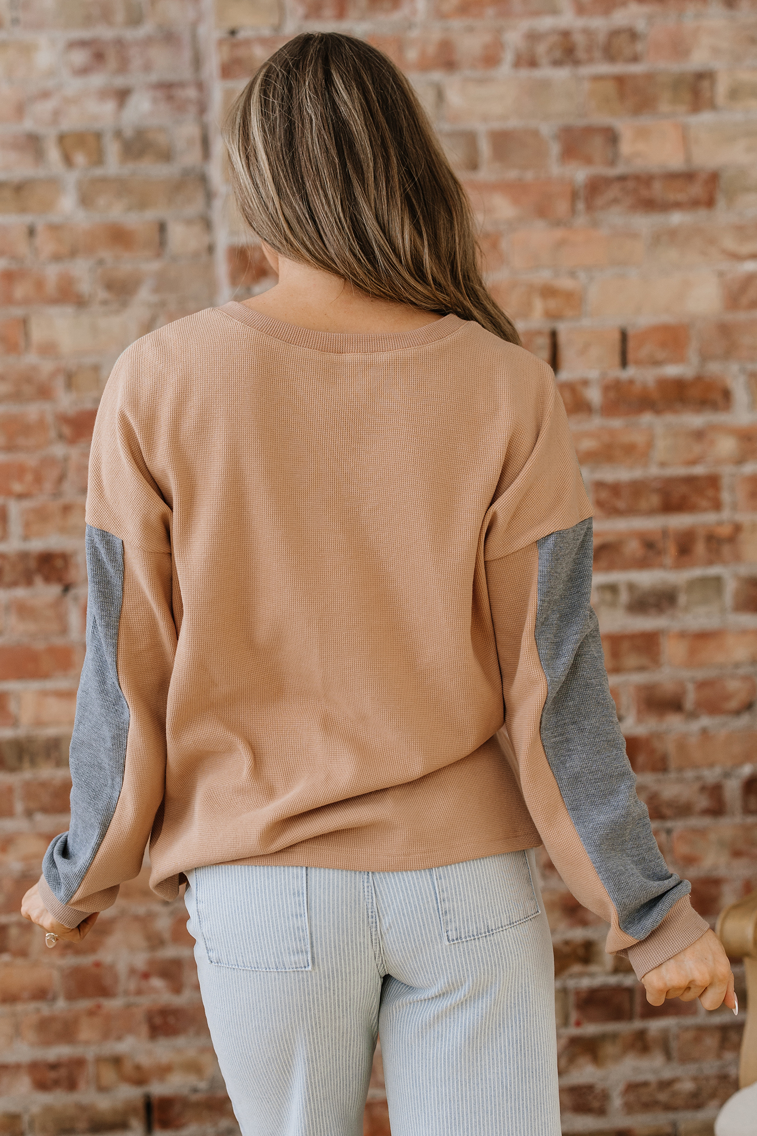 Buckskin Color Block Thermal Textured Knit Drop Shoulder Henley Top view 2