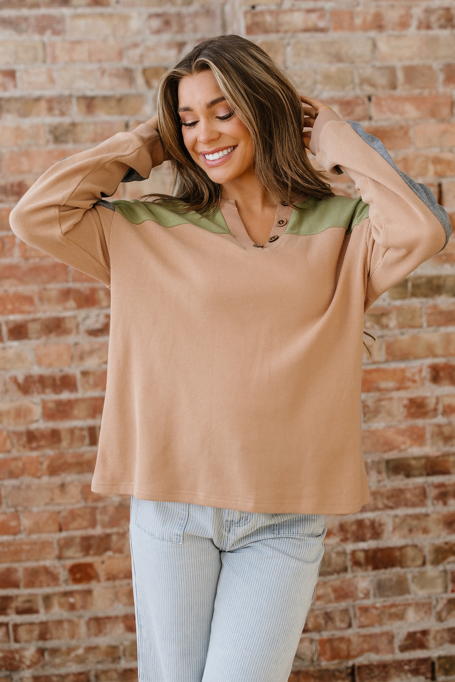 Buckskin Color Block Thermal Textured Knit Drop Shoulder Henley Top view 5