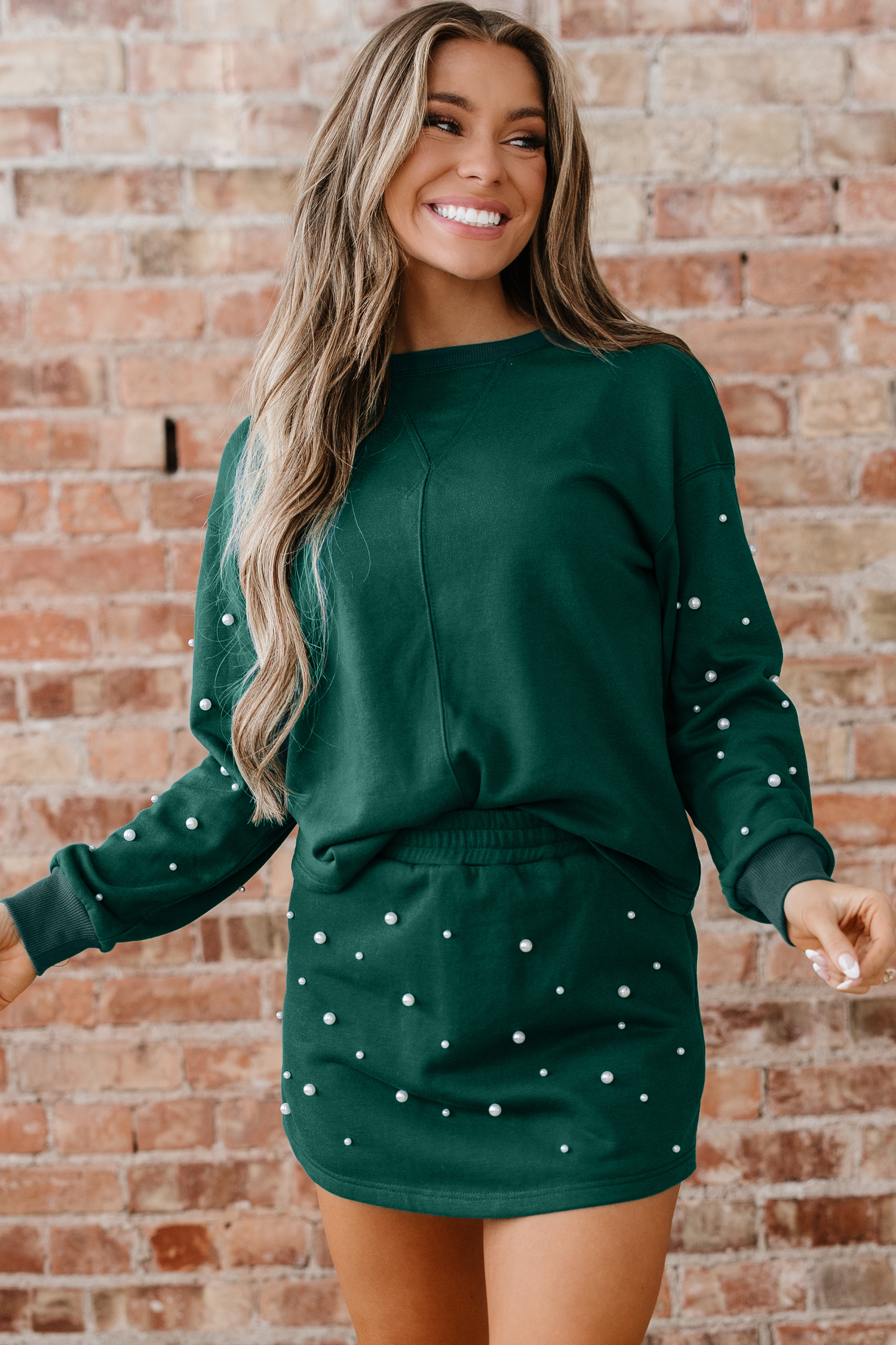 Dark Green Pearl Embellished Drop Shoulder Pullover Elastic Waist Mini Skirt Set view 6