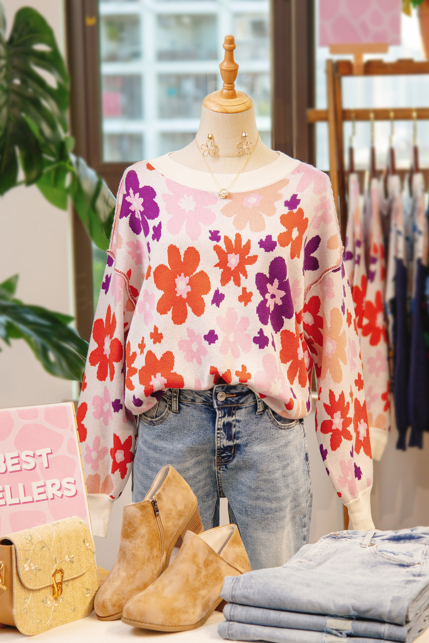Khaki Fall Floral Pattern Drop Shoulder Sweater view 6