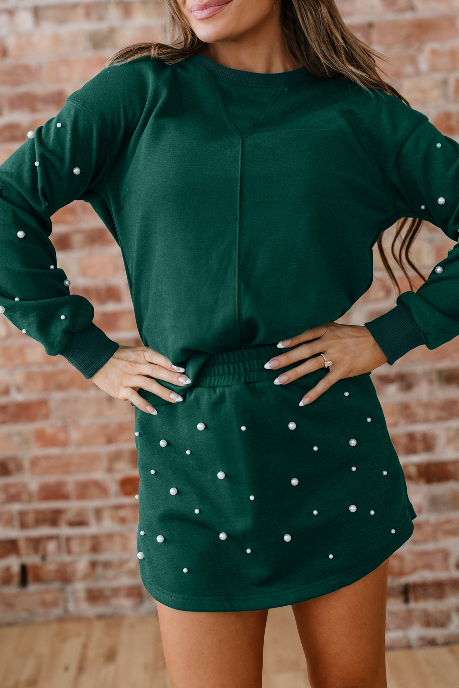 Dark Green Pearl Embellished Drop Shoulder Pullover Elastic Waist Mini Skirt Set view 7