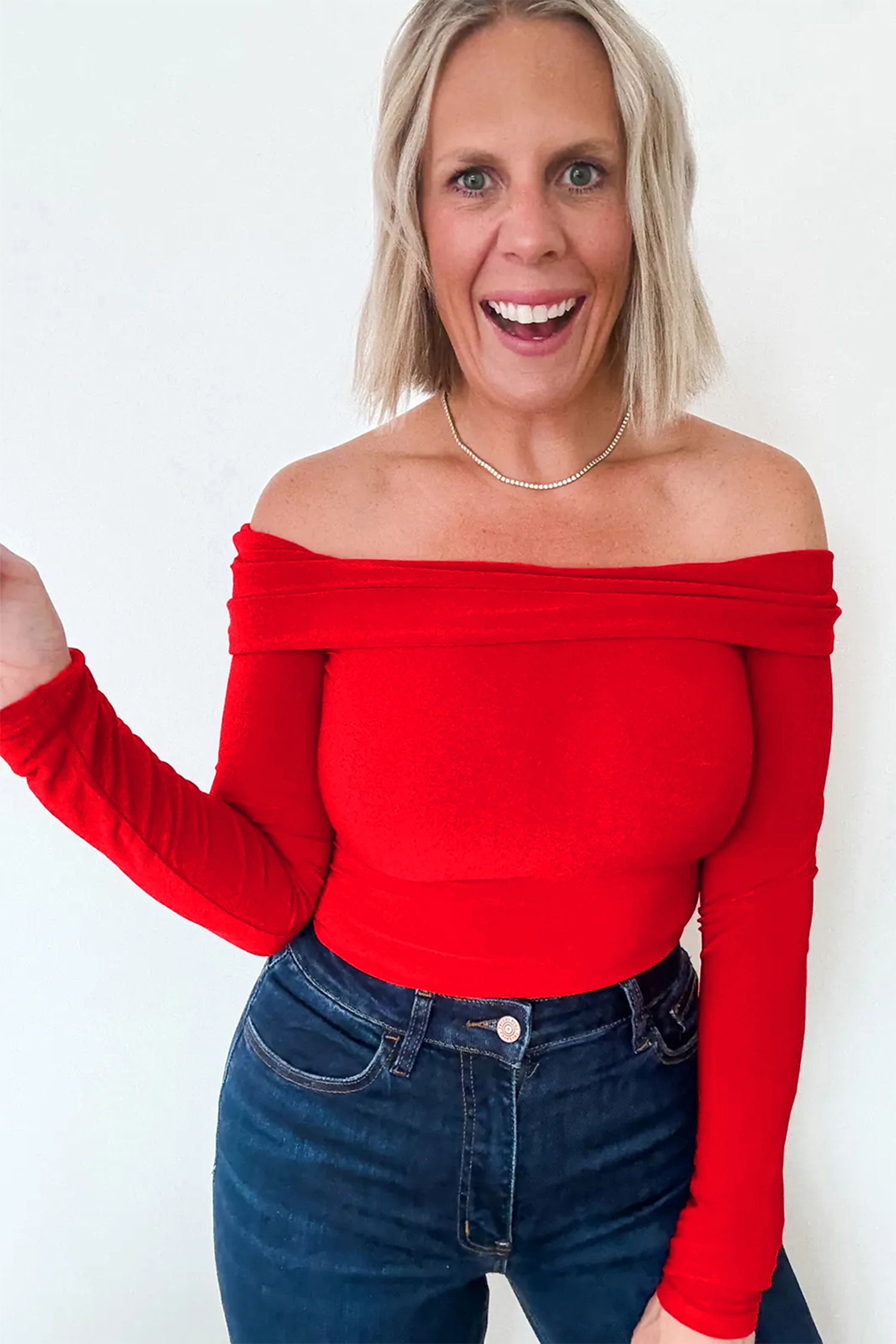 Fiery Red Foldover Off Shoulder Long Sleeve Slim Top view 11
