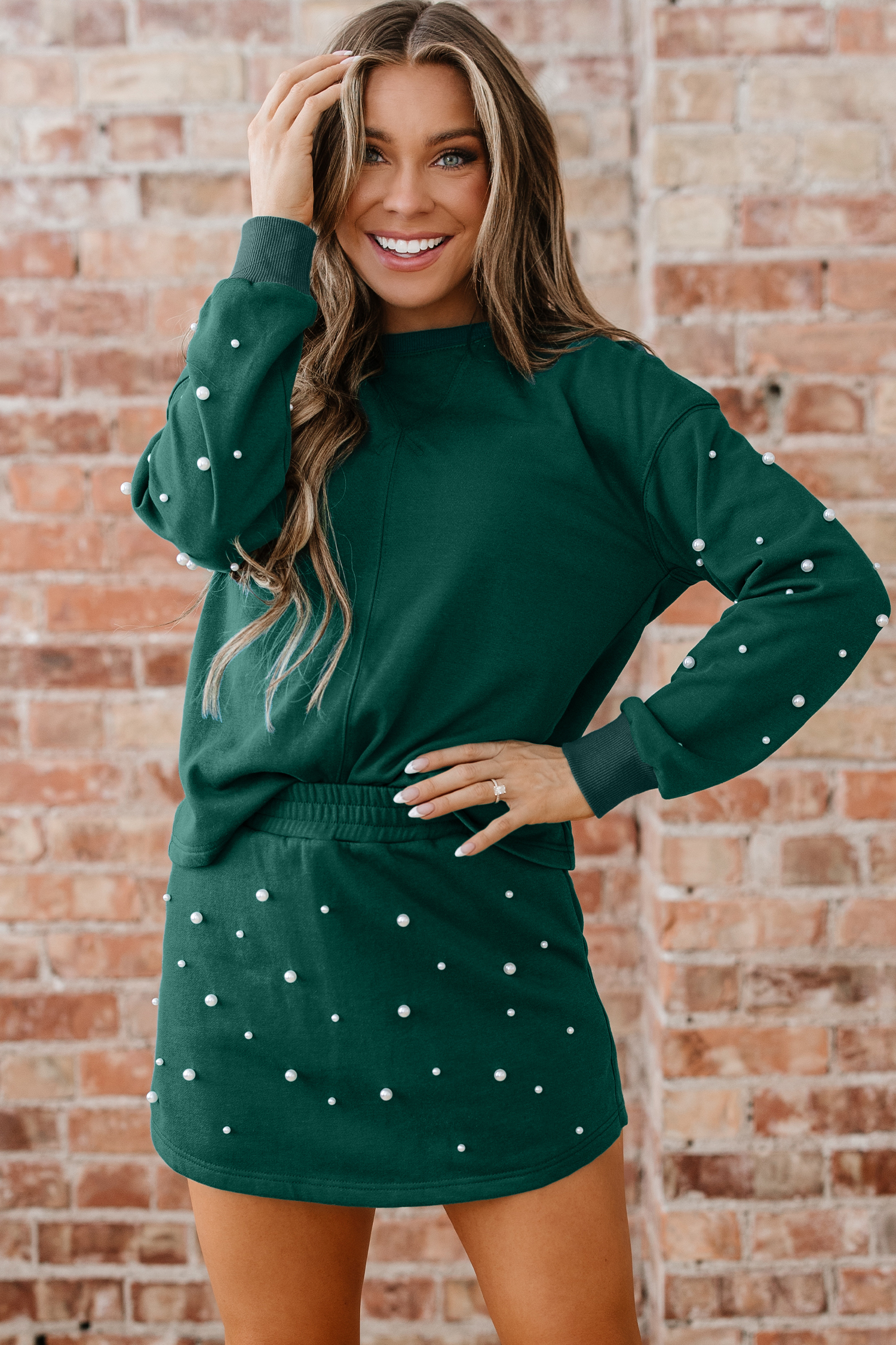 Dark Green Pearl Embellished Drop Shoulder Pullover Elastic Waist Mini Skirt Set view 3