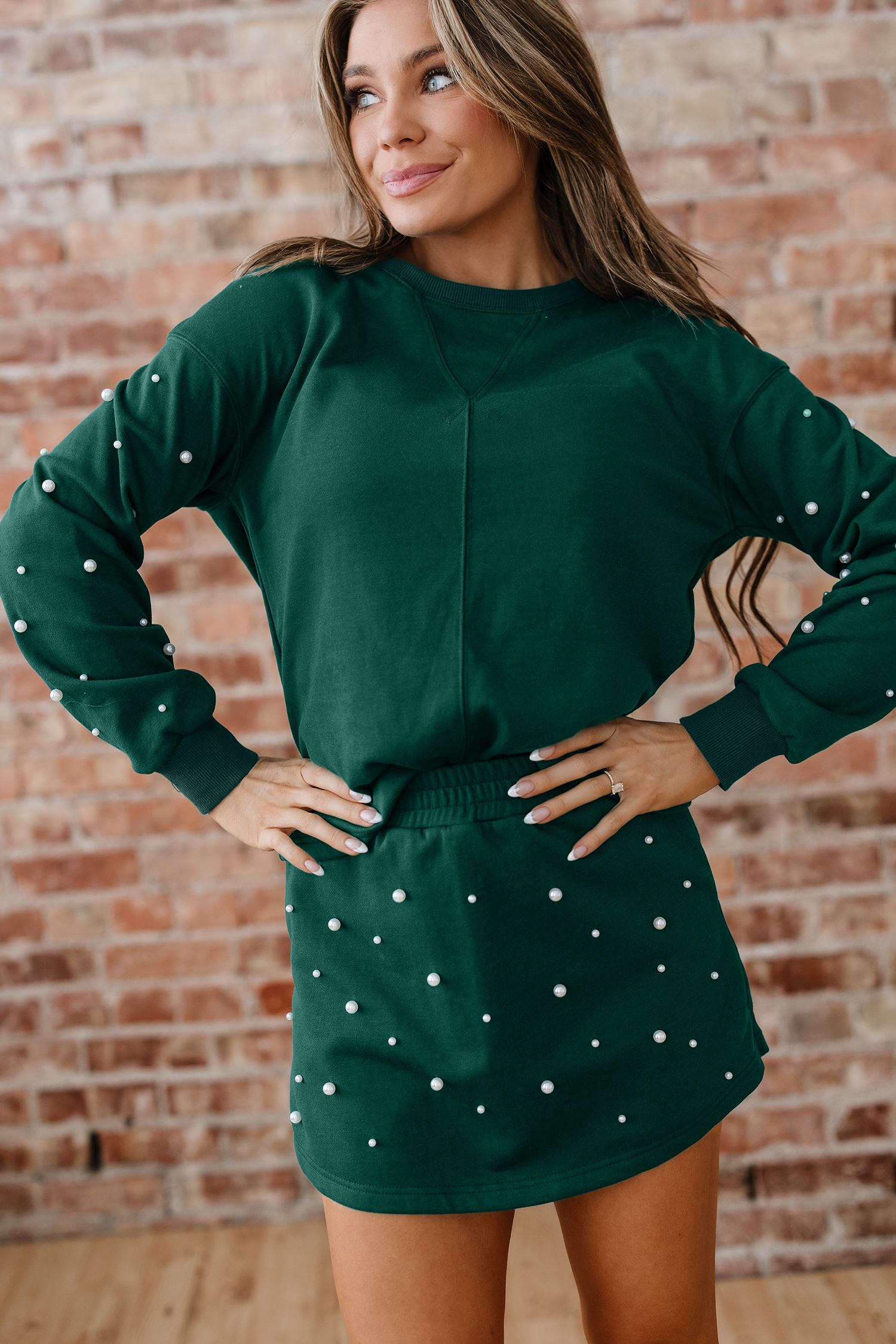 Dark Green Pearl Embellished Drop Shoulder Pullover Elastic Waist Mini Skirt Set view 4