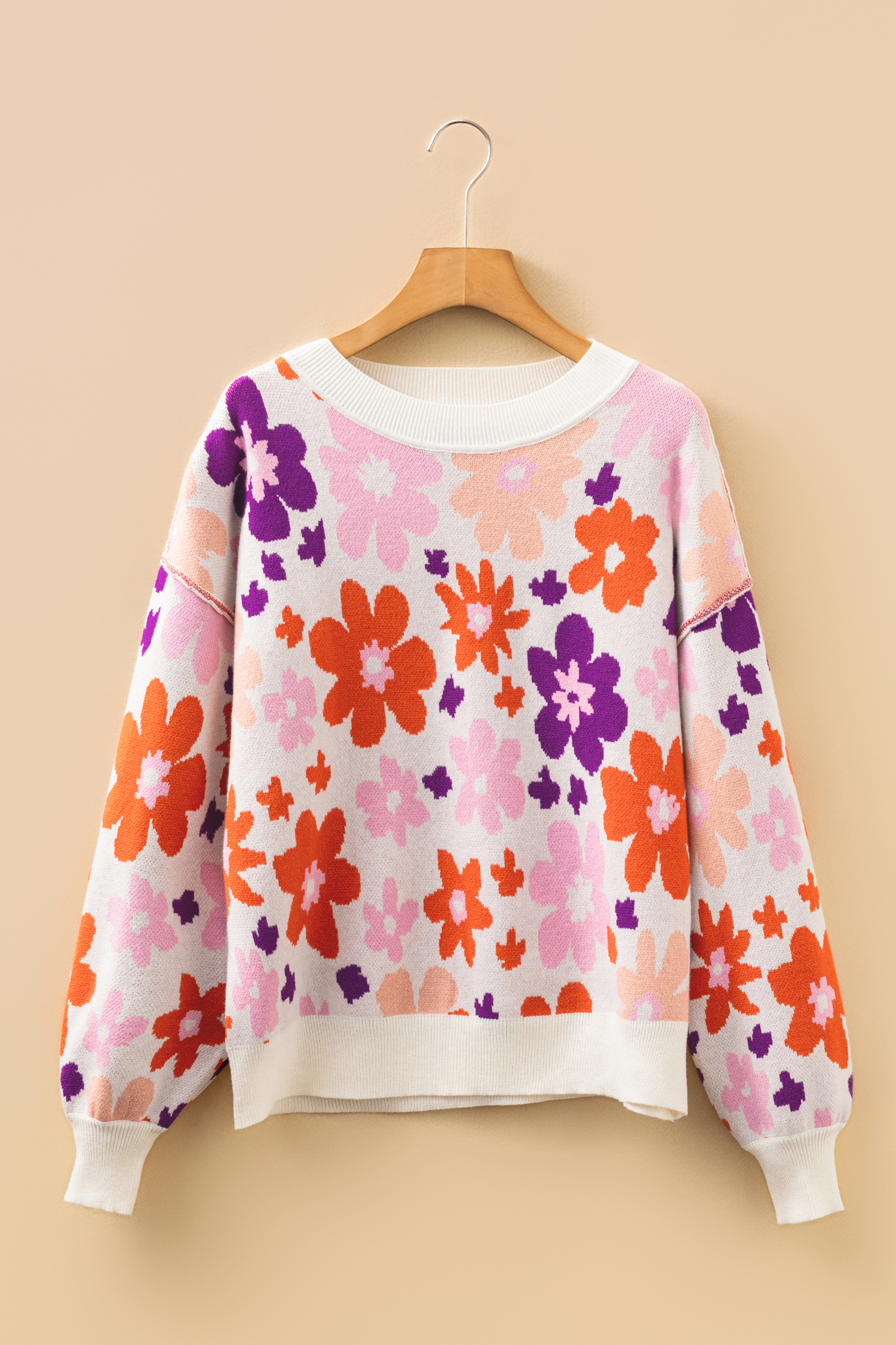 Khaki Fall Floral Pattern Drop Shoulder Sweater view 8