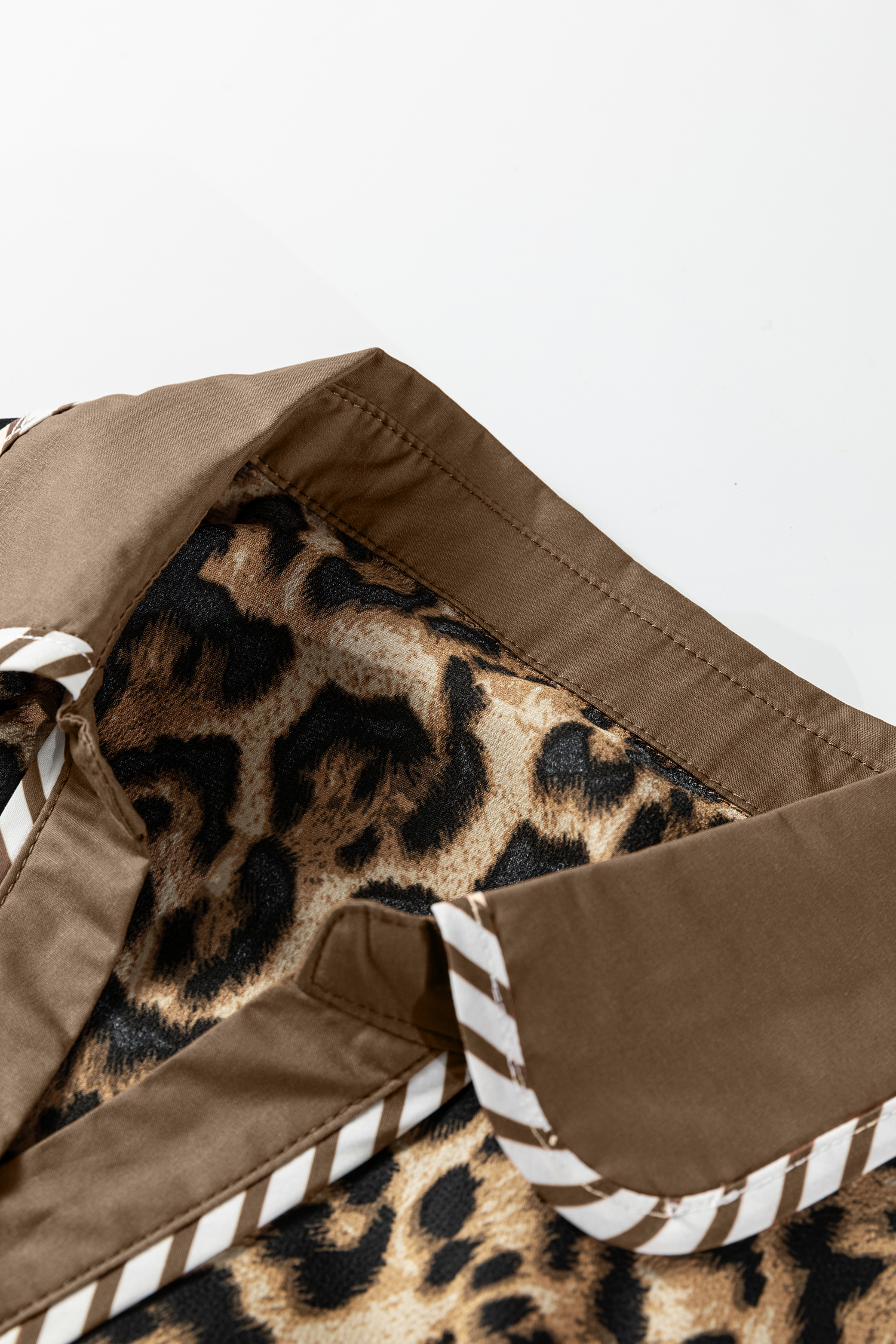 Brown Leopard Collared 3/4 Sleeve Shirt and Loose Pants Two Piece Outfit Set view 29