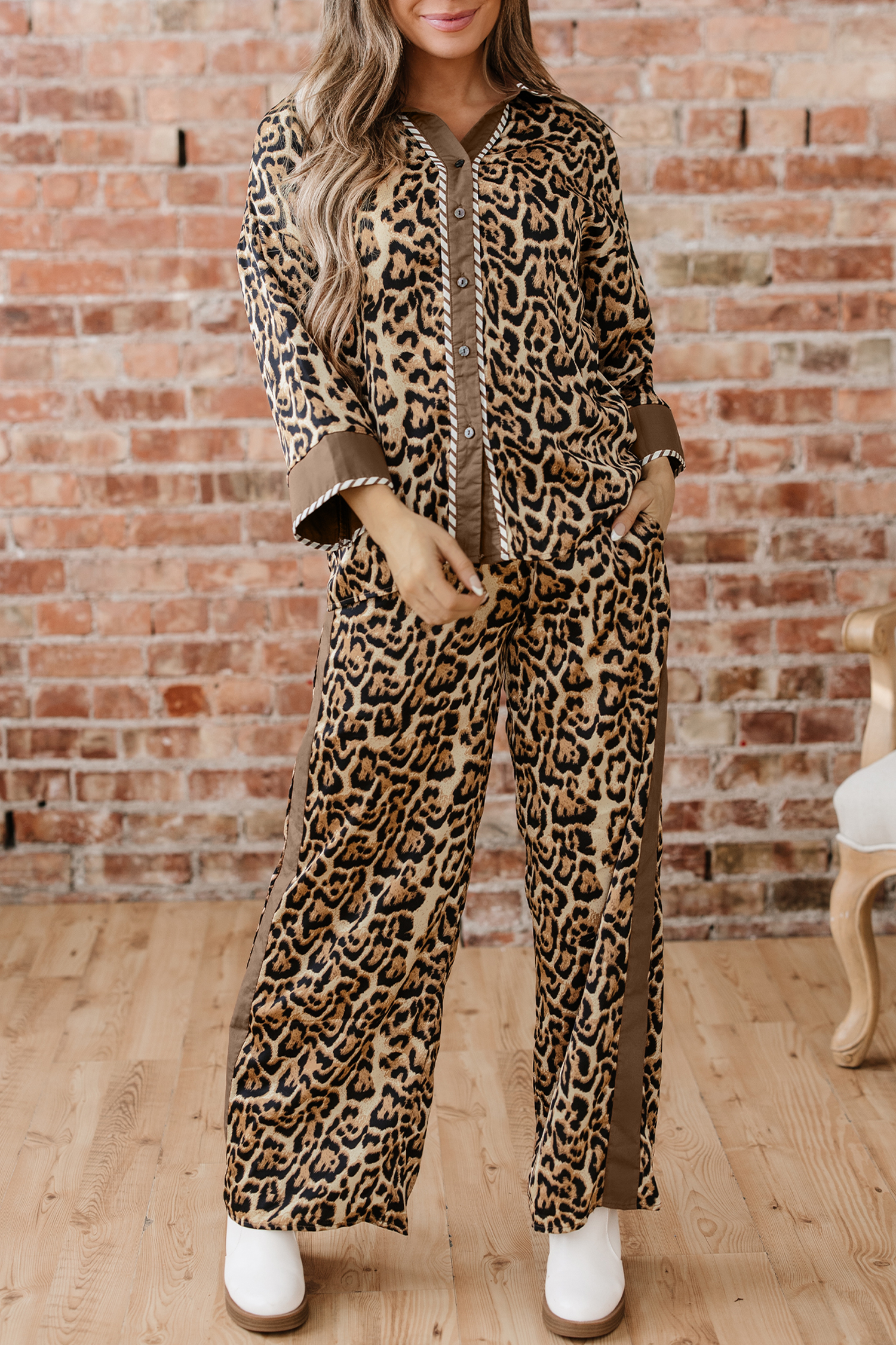 Brown Leopard Collared 3/4 Sleeve Shirt and Loose Pants Two Piece Outfit Set view 9