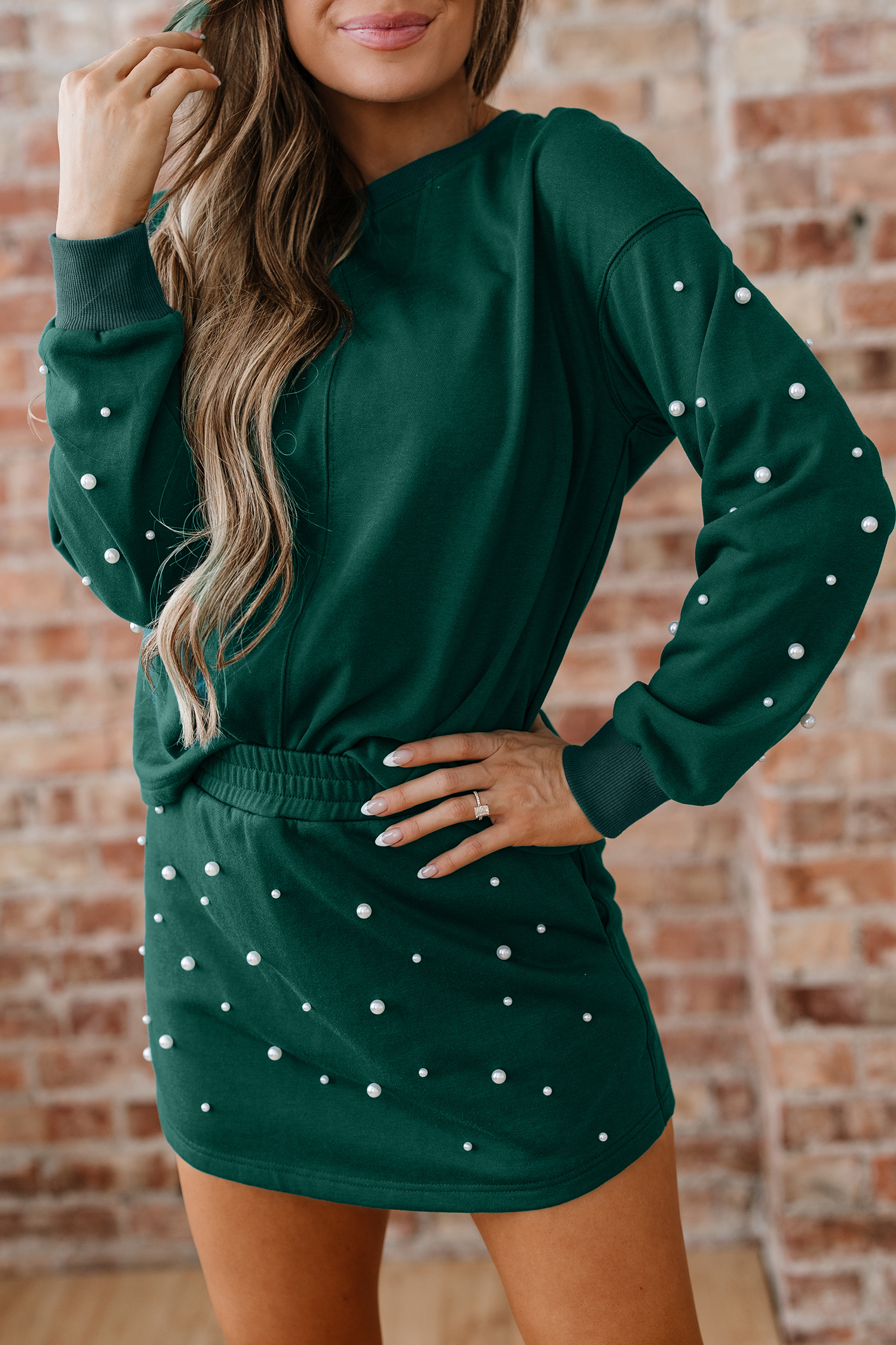Dark Green Pearl Embellished Drop Shoulder Pullover Elastic Waist Mini Skirt Set view 8