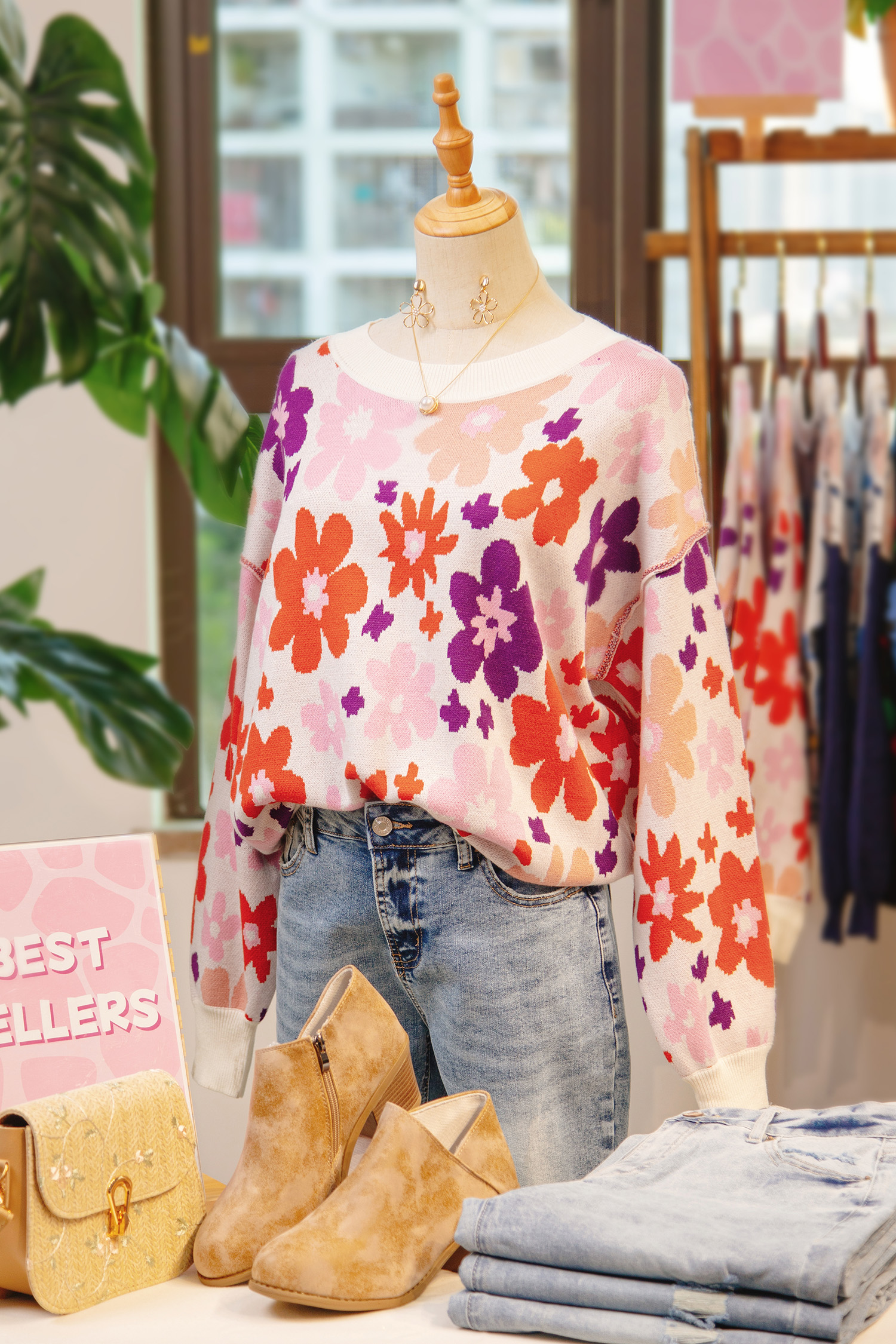 Khaki Fall Floral Pattern Drop Shoulder Sweater view 7
