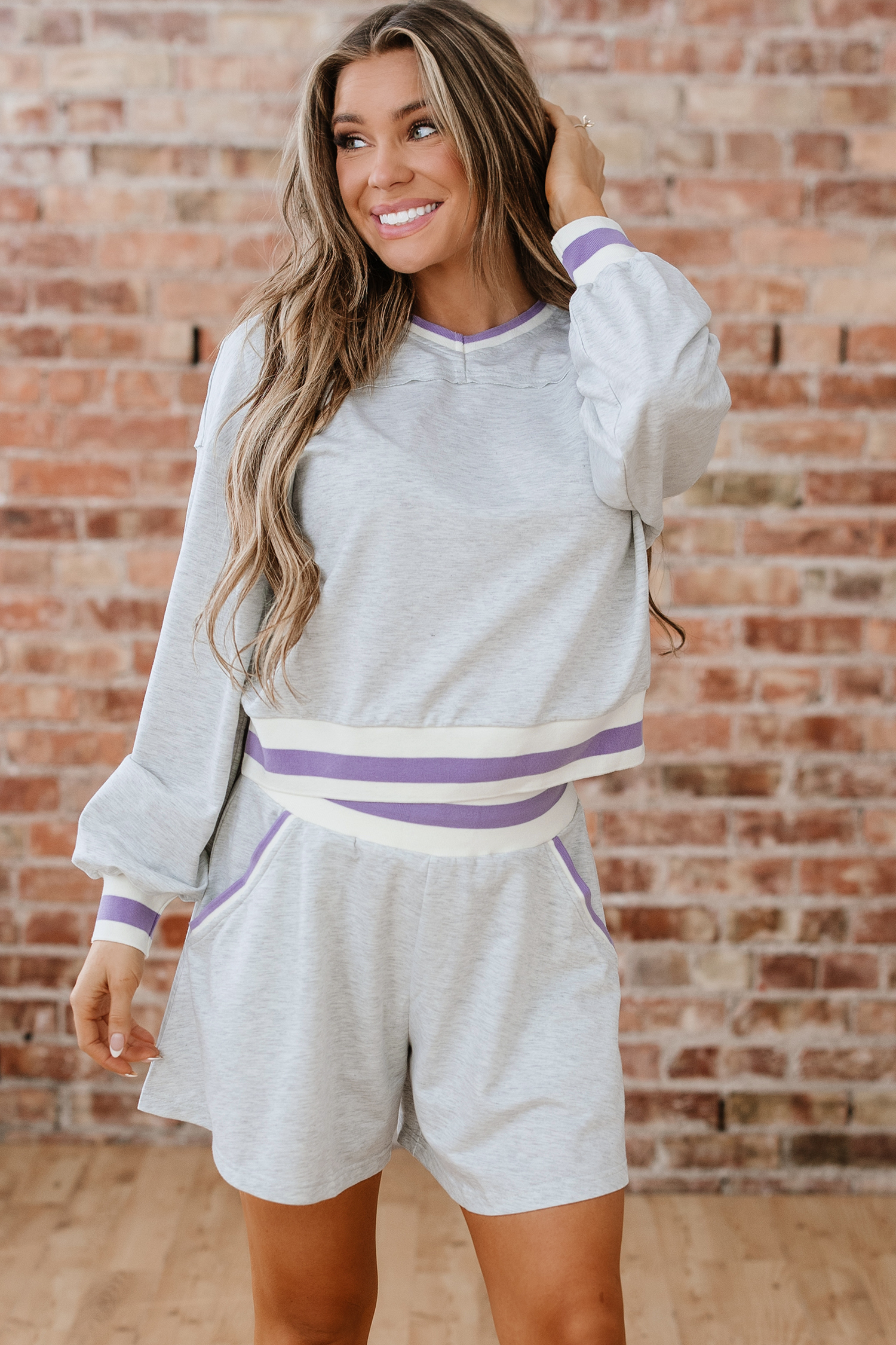 Light Grey Contrast Striped Bands Cropped Pullover and Athletic Short Set view 6