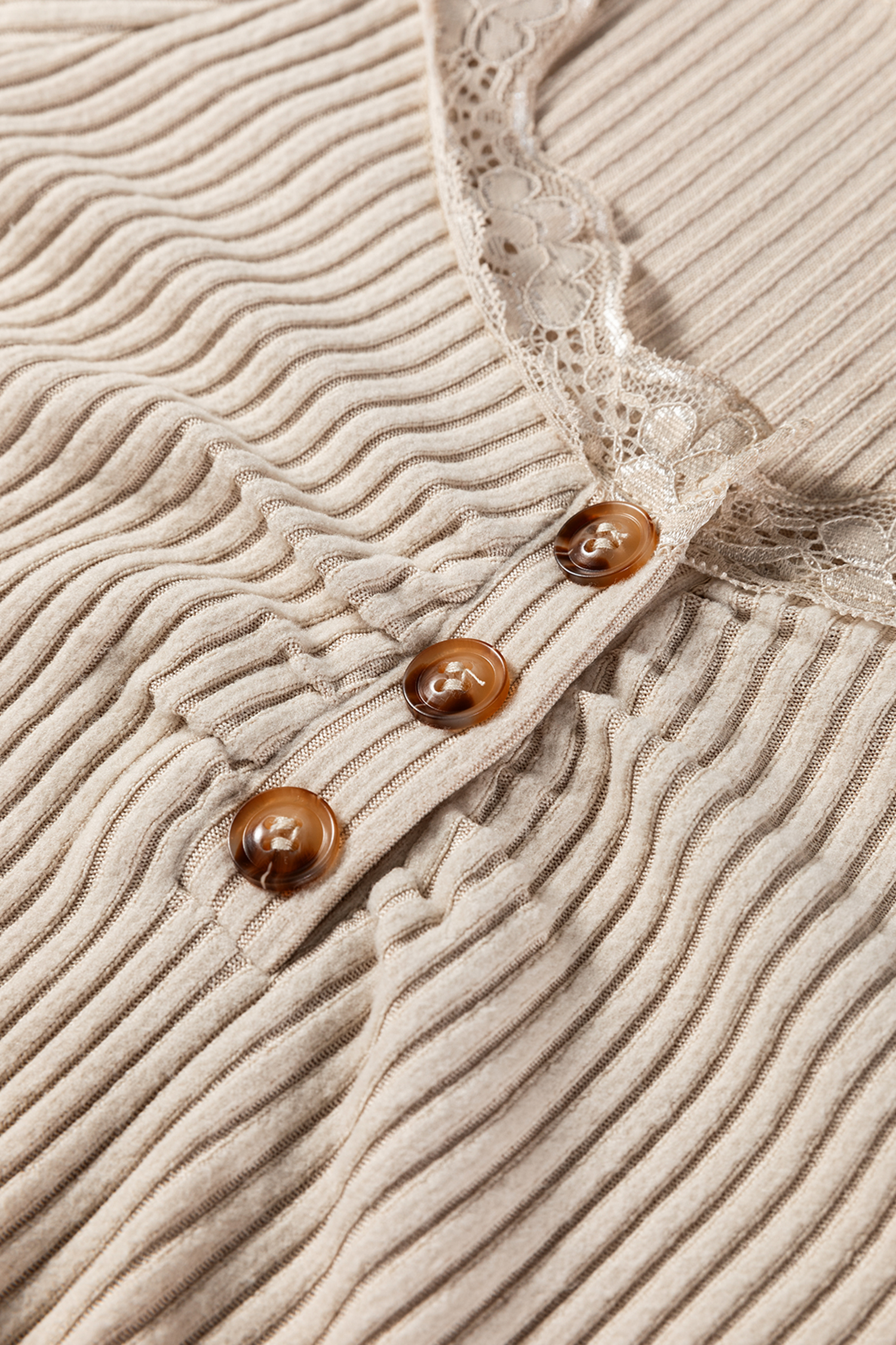 Beige Lace Neckline Button Decor Lettuce Edge Long Sleeve Ribbed Top view 29