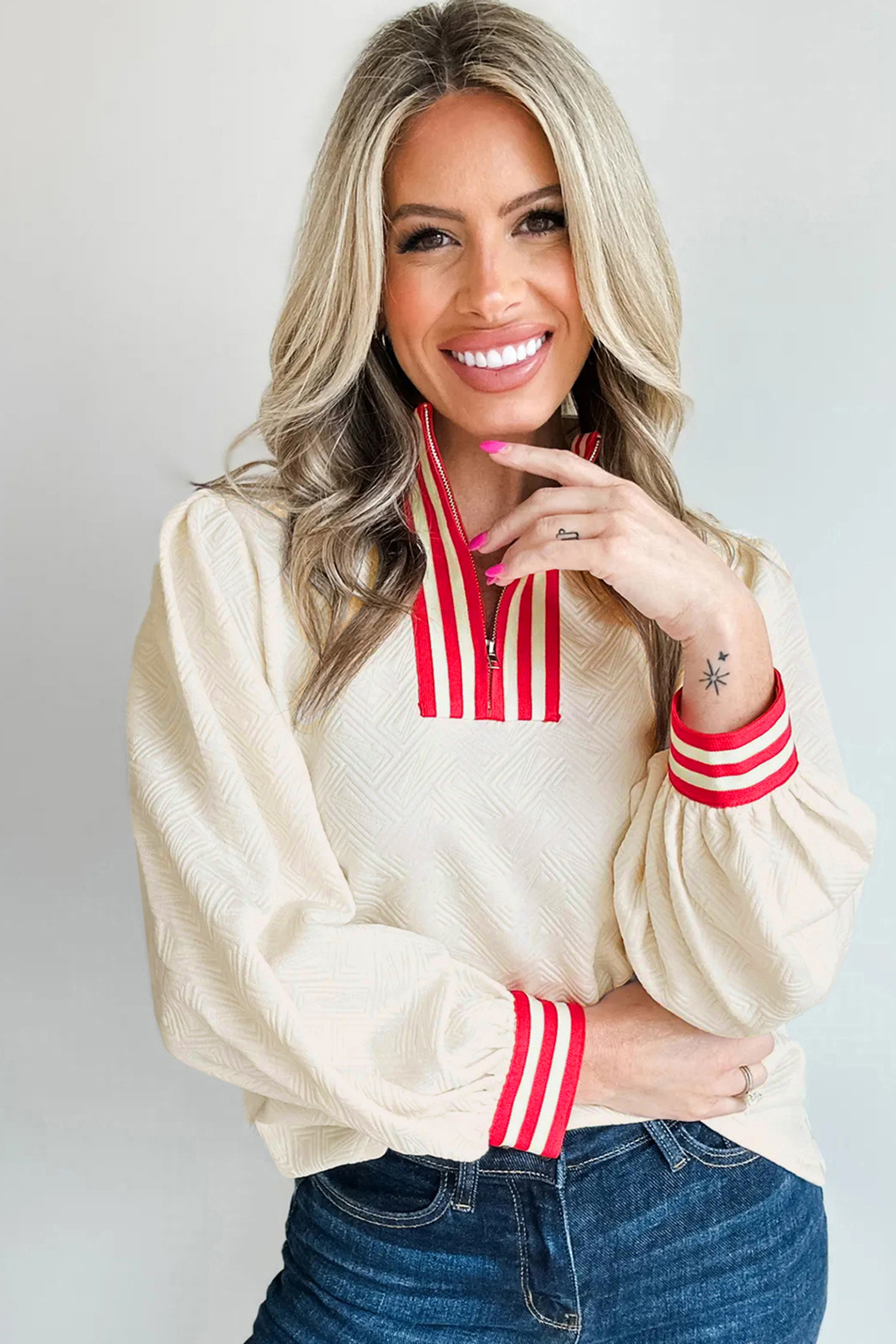 White Textured Knit Contrast Striped Accent Zipped Collar Pullover Top view 12