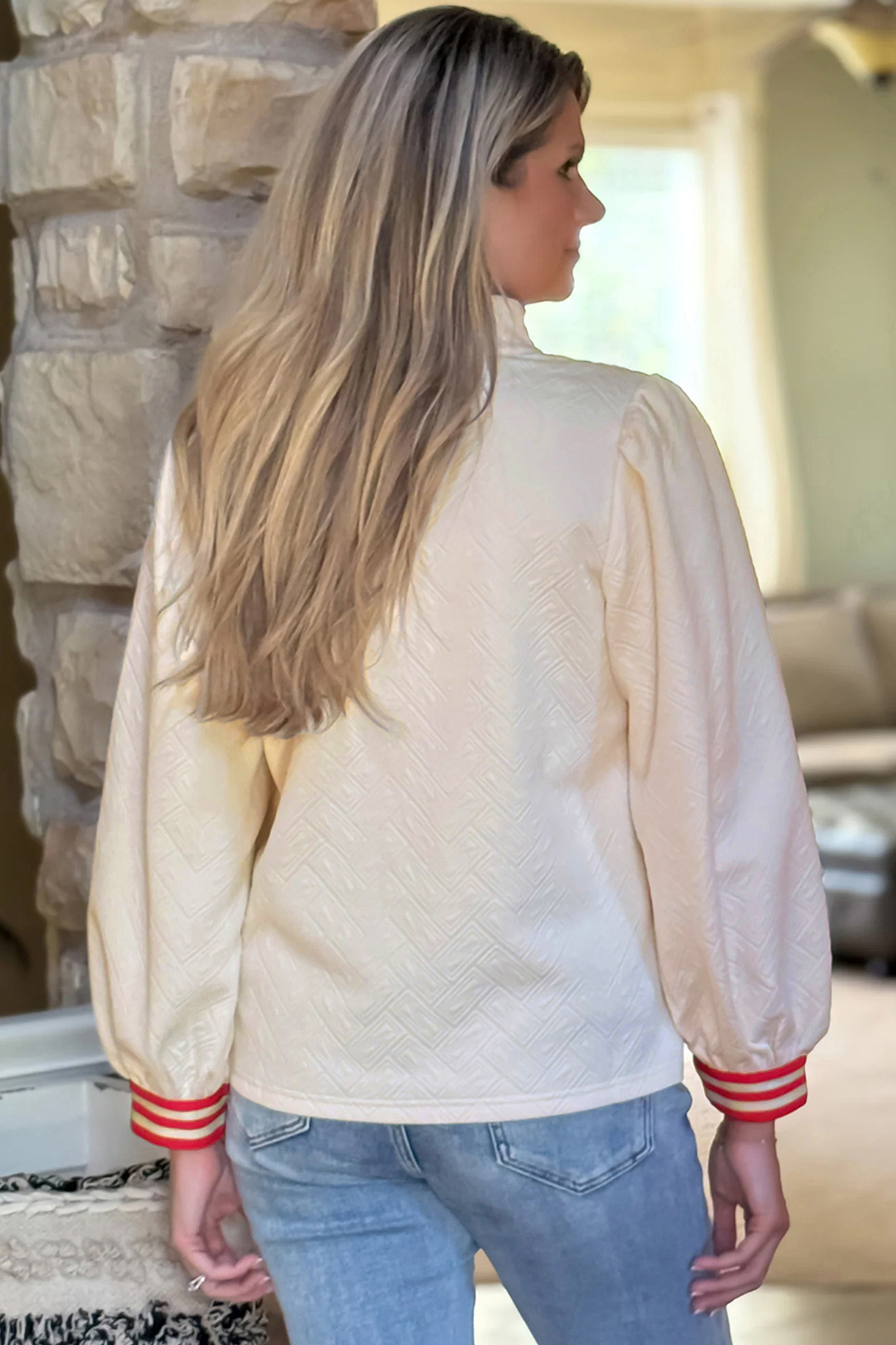 White Textured Knit Contrast Striped Accent Zipped Collar Pullover Top view 10