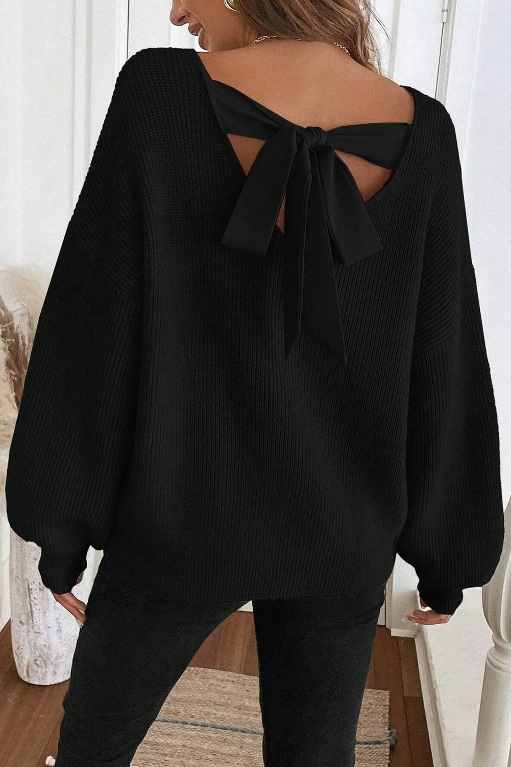 Black Ribbed Knit Ribbon Knot Backless Drop Shoulder Sweater view 8