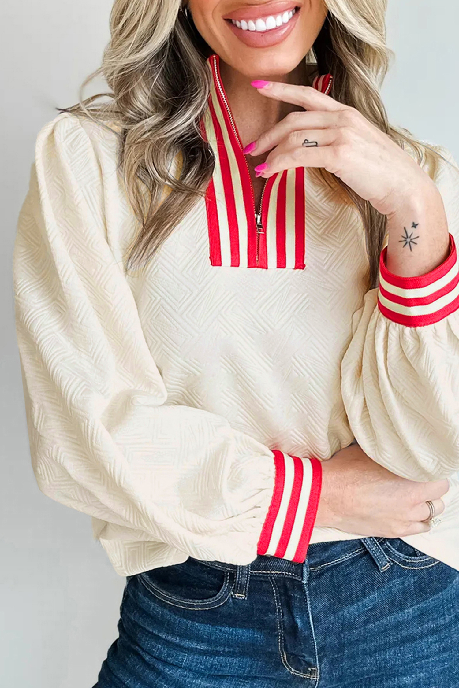 White Textured Knit Contrast Striped Accent Zipped Collar Pullover Top view 9