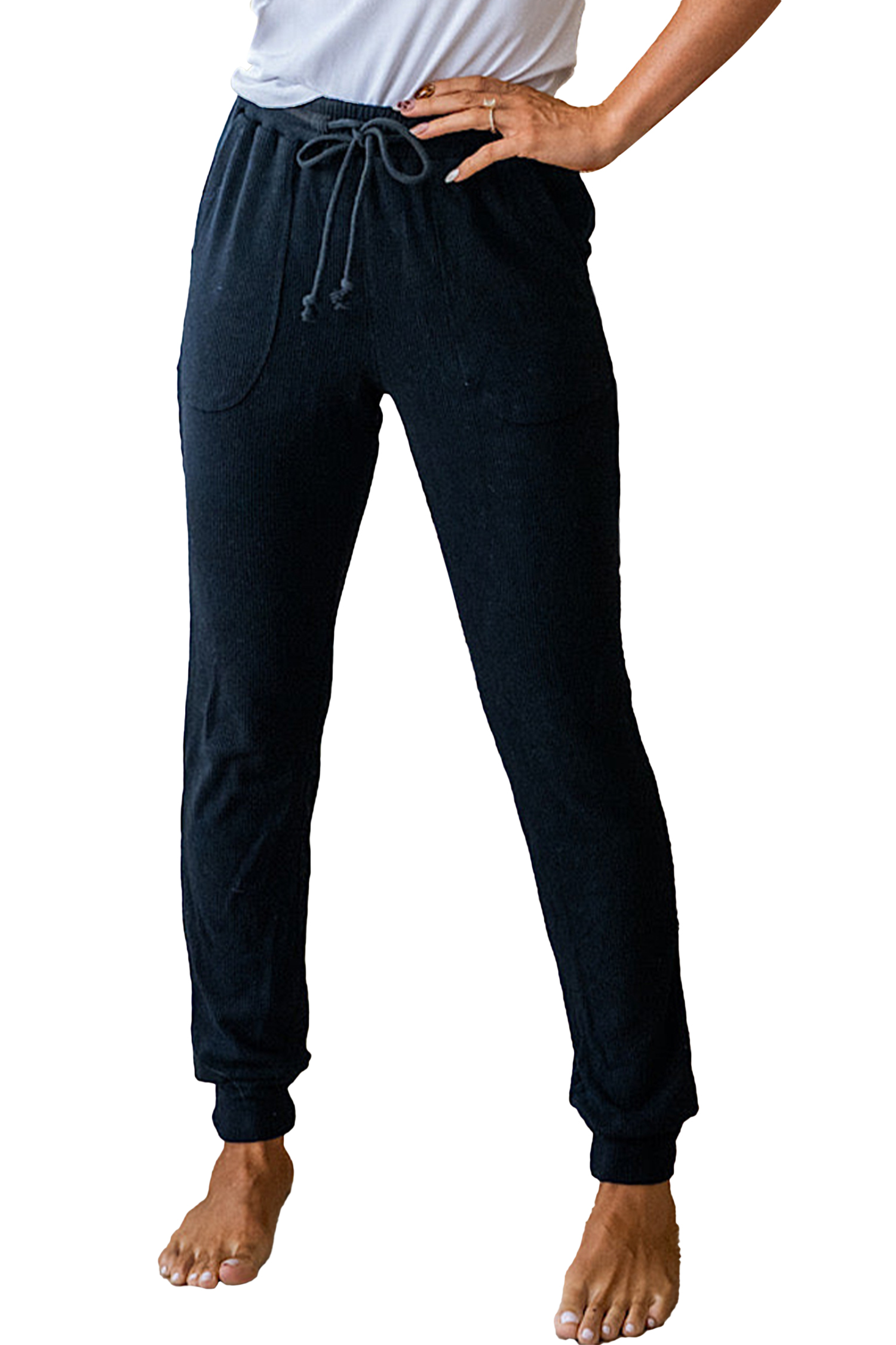 Black Ribbed Drawstring Active Jogger Pants view 13