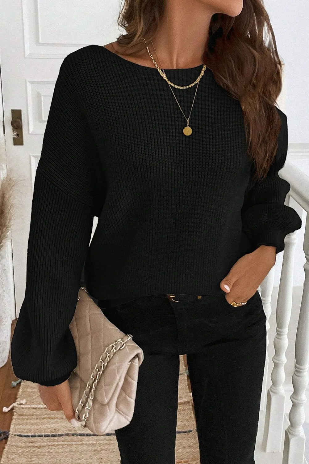 Black Ribbed Knit Ribbon Knot Backless Drop Shoulder Sweater view 10
