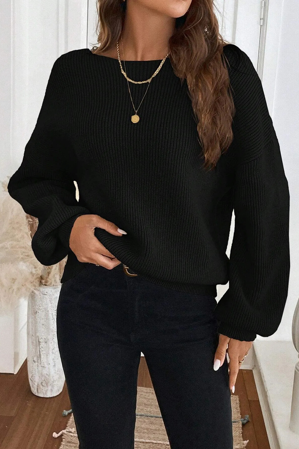 Black Ribbed Knit Ribbon Knot Backless Drop Shoulder Sweater view 9