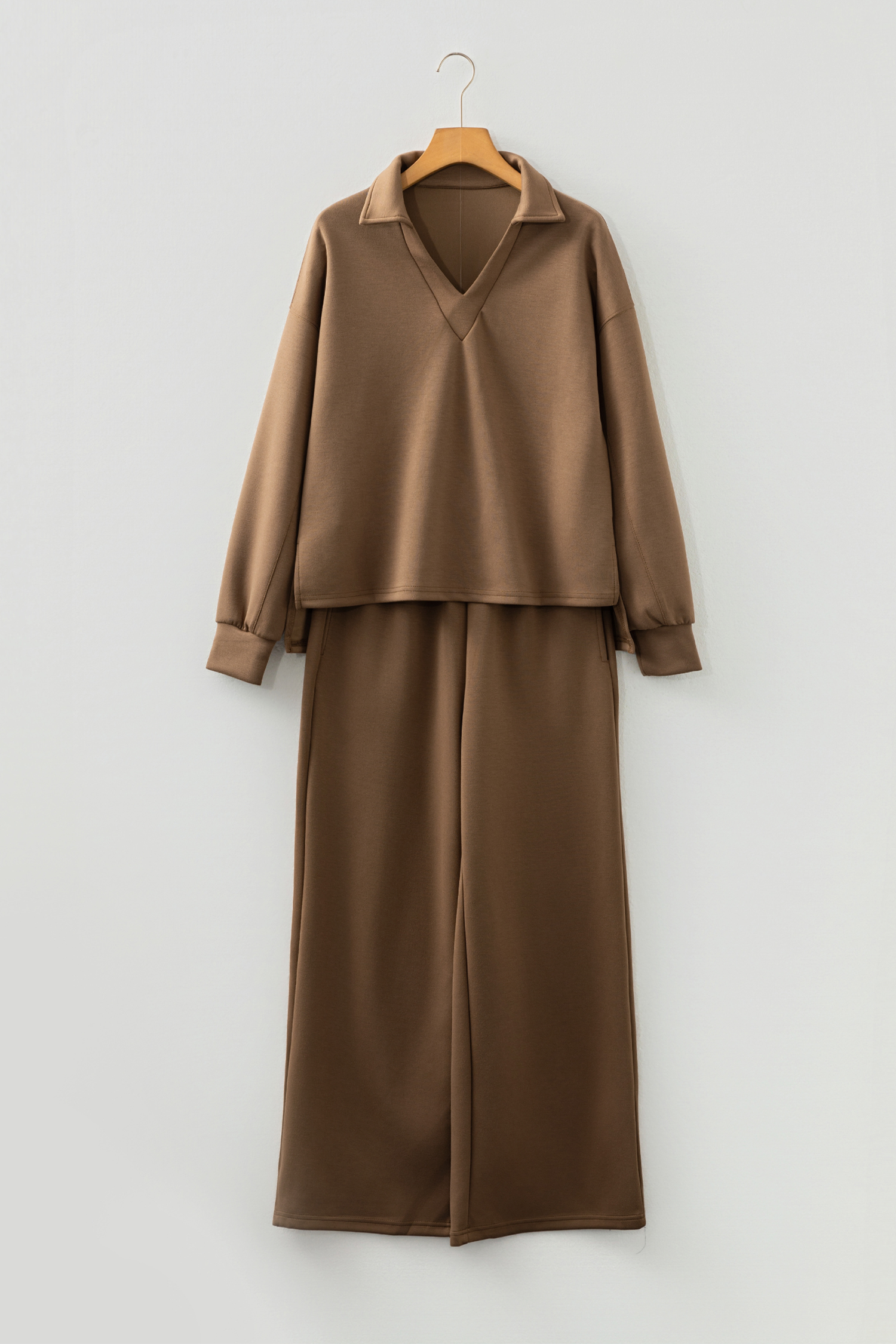 Coffee Solid Color V Neck Top and High Waist Pants Set view 15