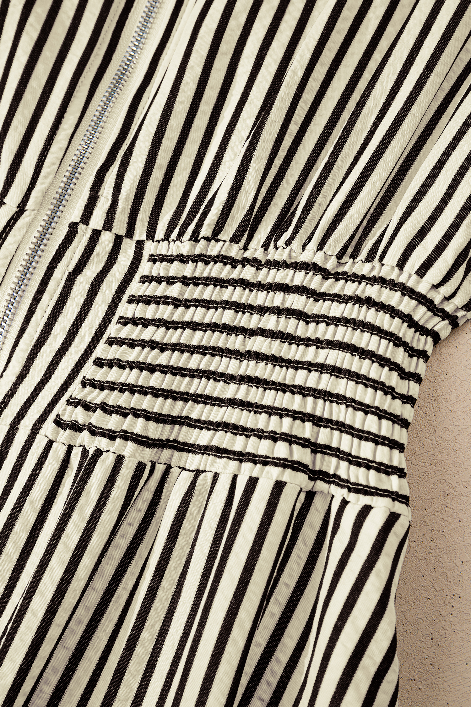 Black Stripe V Neck Zip Front Cinched High Waist Midi Dress view 18
