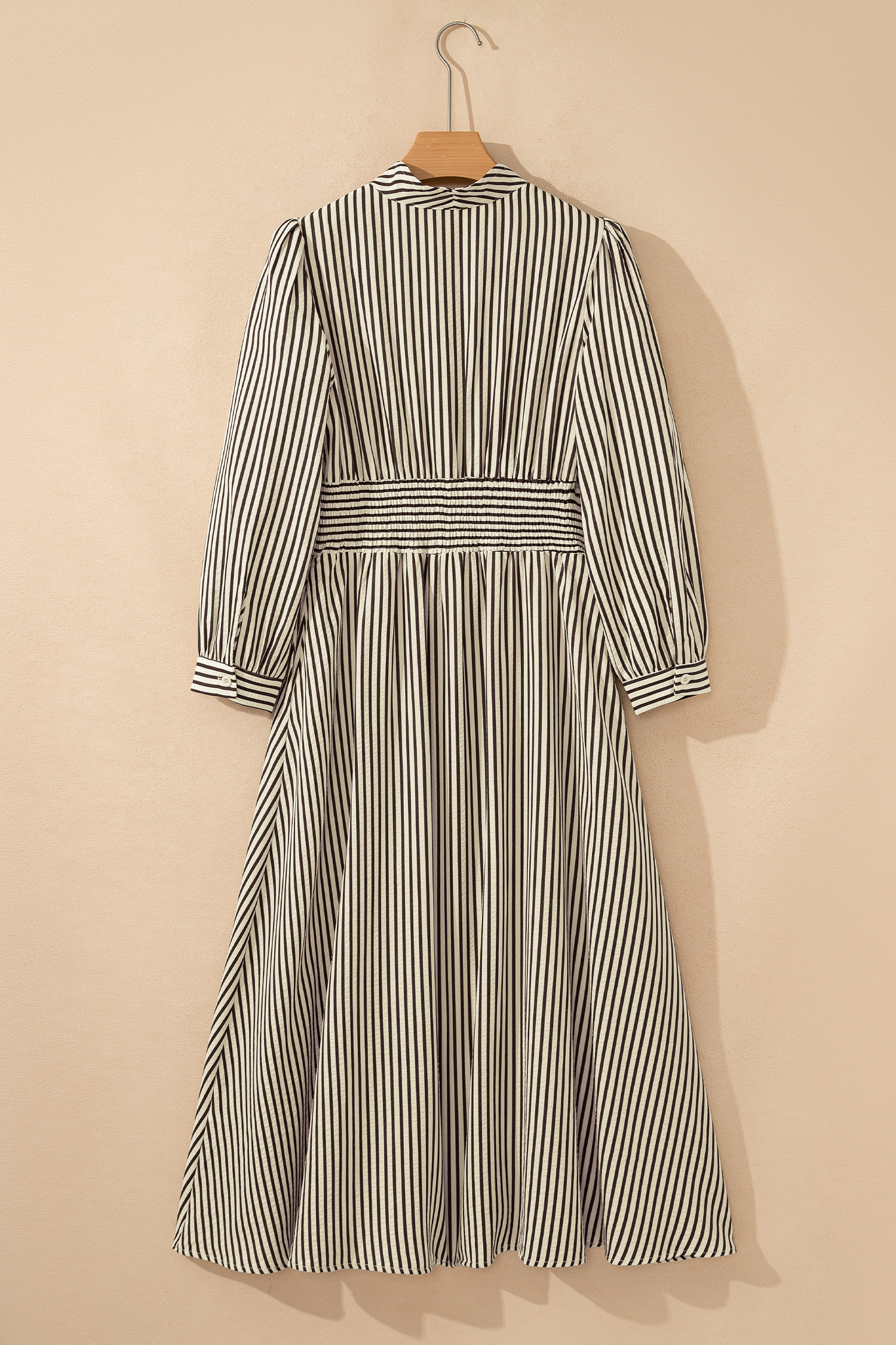 Black Stripe V Neck Zip Front Cinched High Waist Midi Dress view 11