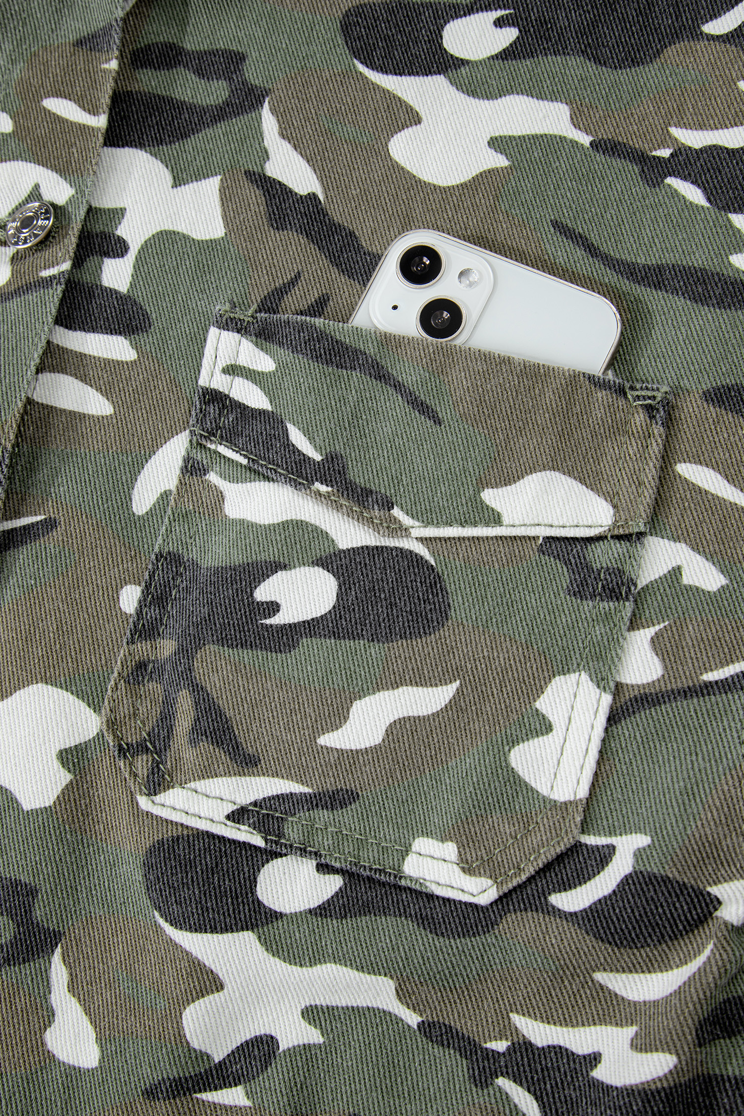 Green Camo Chest Pockets Loose Jean Jacket view 16