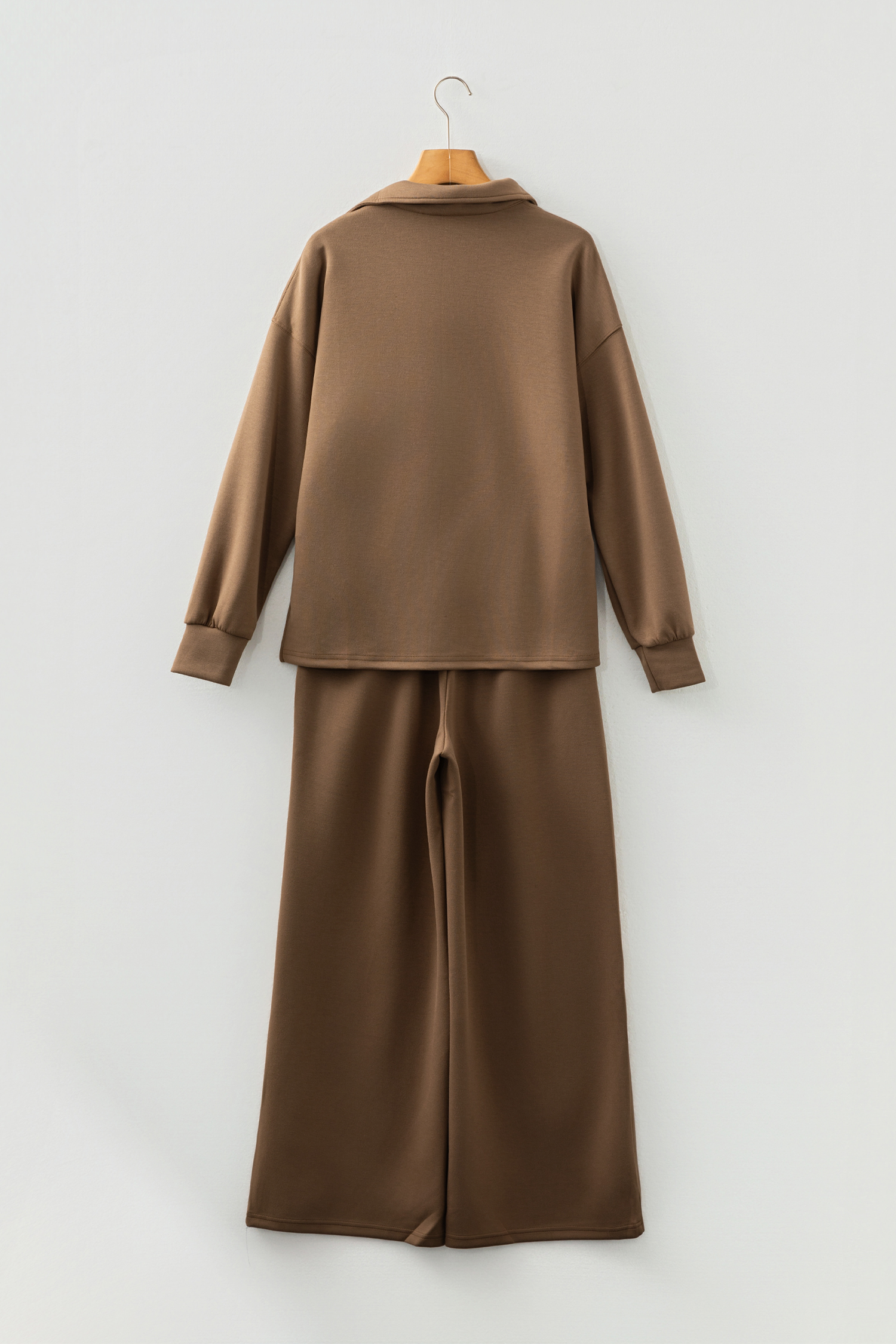 Coffee Solid Color V Neck Top and High Waist Pants Set view 16