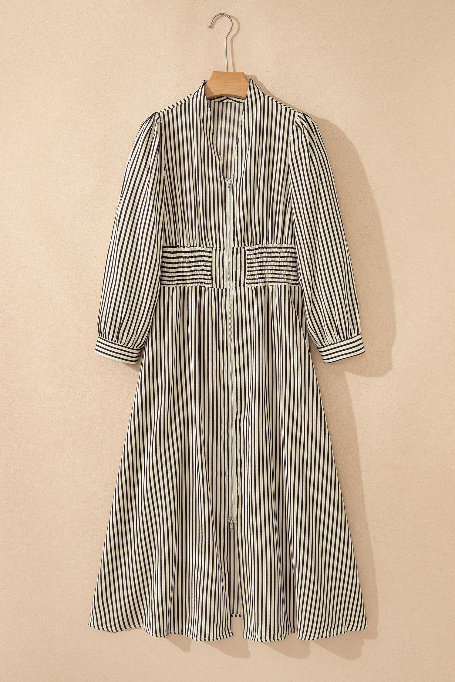 Black Stripe V Neck Zip Front Cinched High Waist Midi Dress view 10
