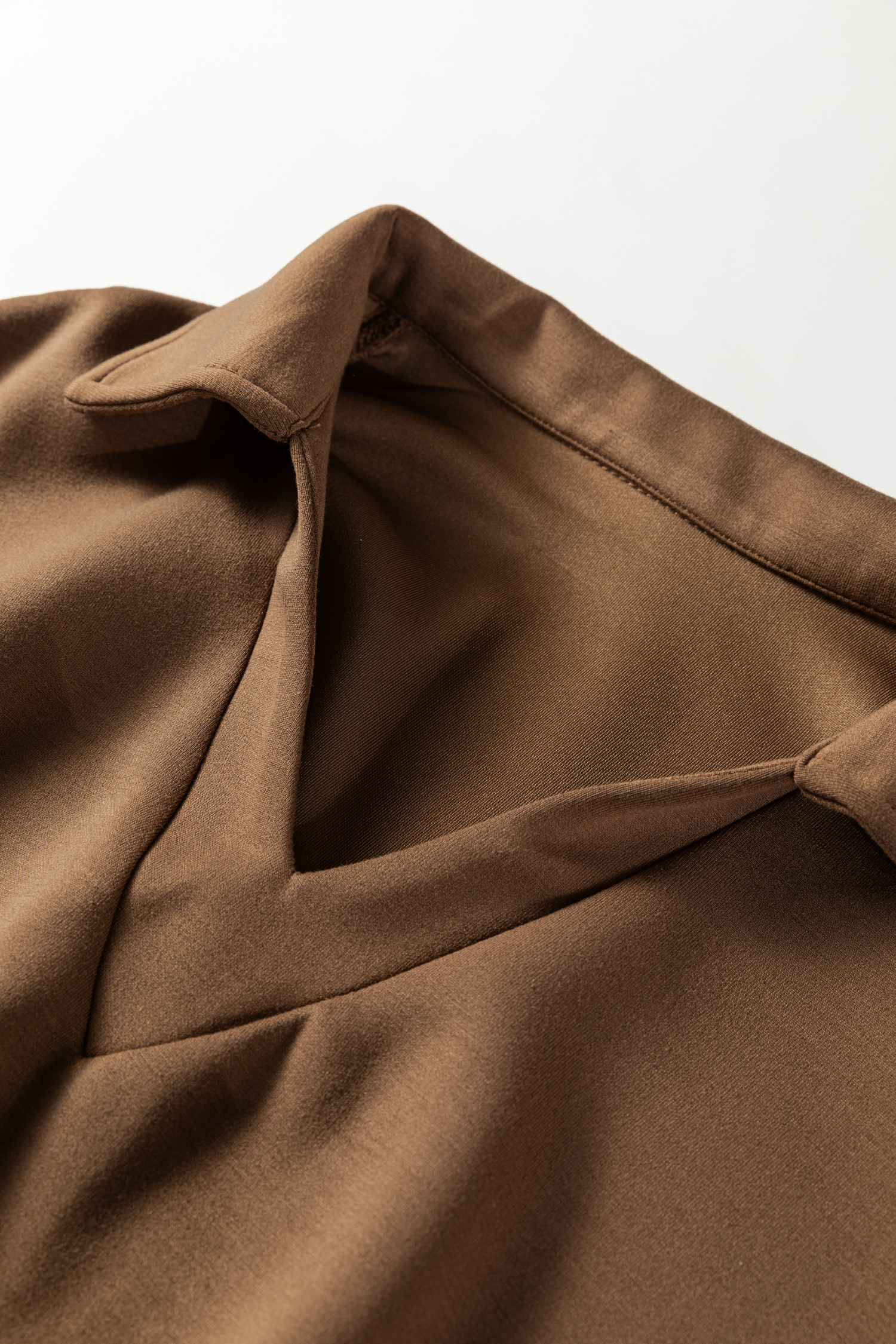 Coffee Solid Color V Neck Top and High Waist Pants Set view 20