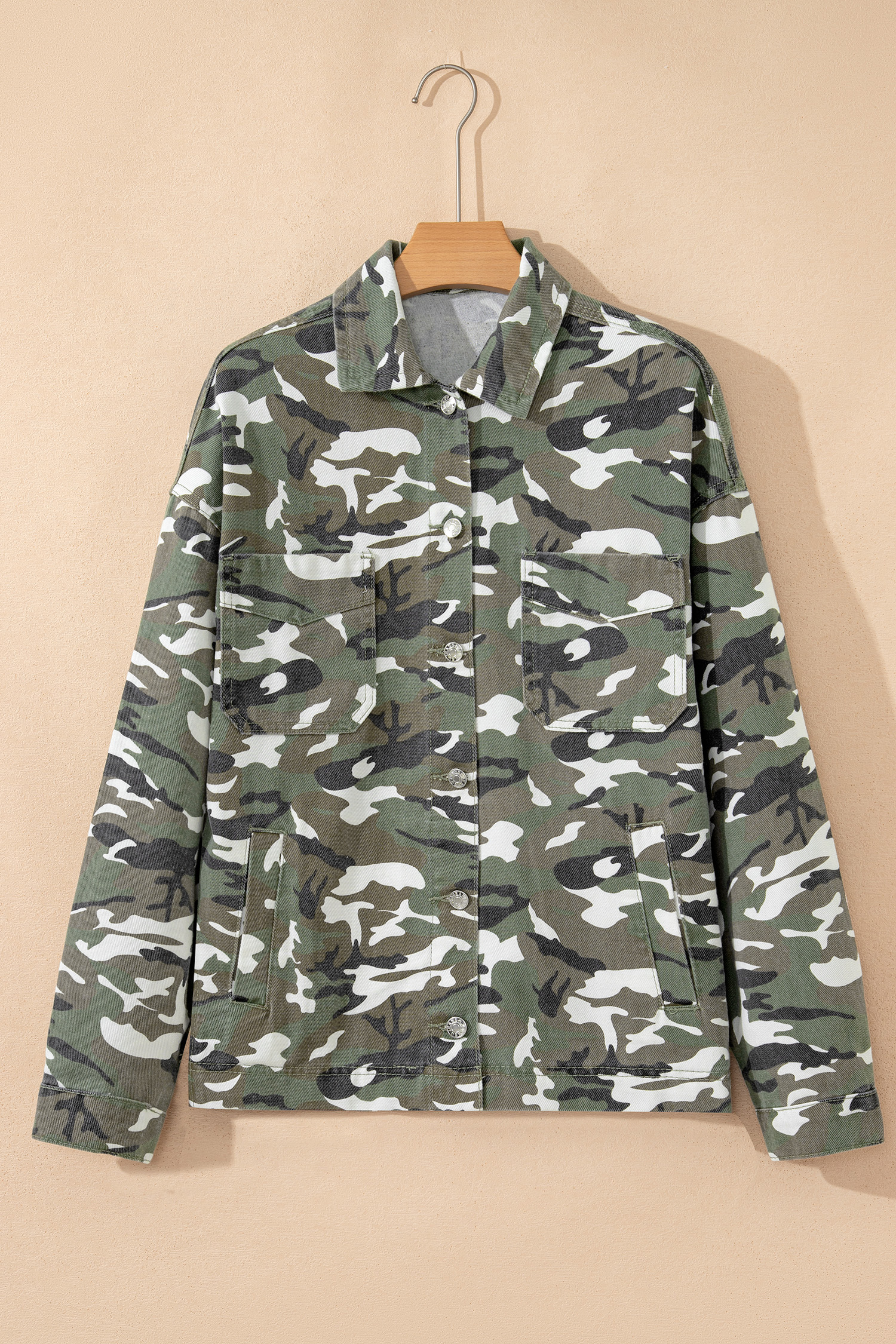 Green Camo Chest Pockets Loose Jean Jacket view 9