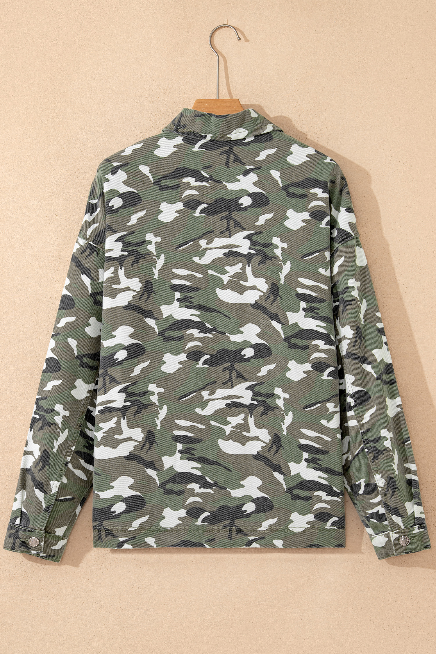 Green Camo Chest Pockets Loose Jean Jacket view 10