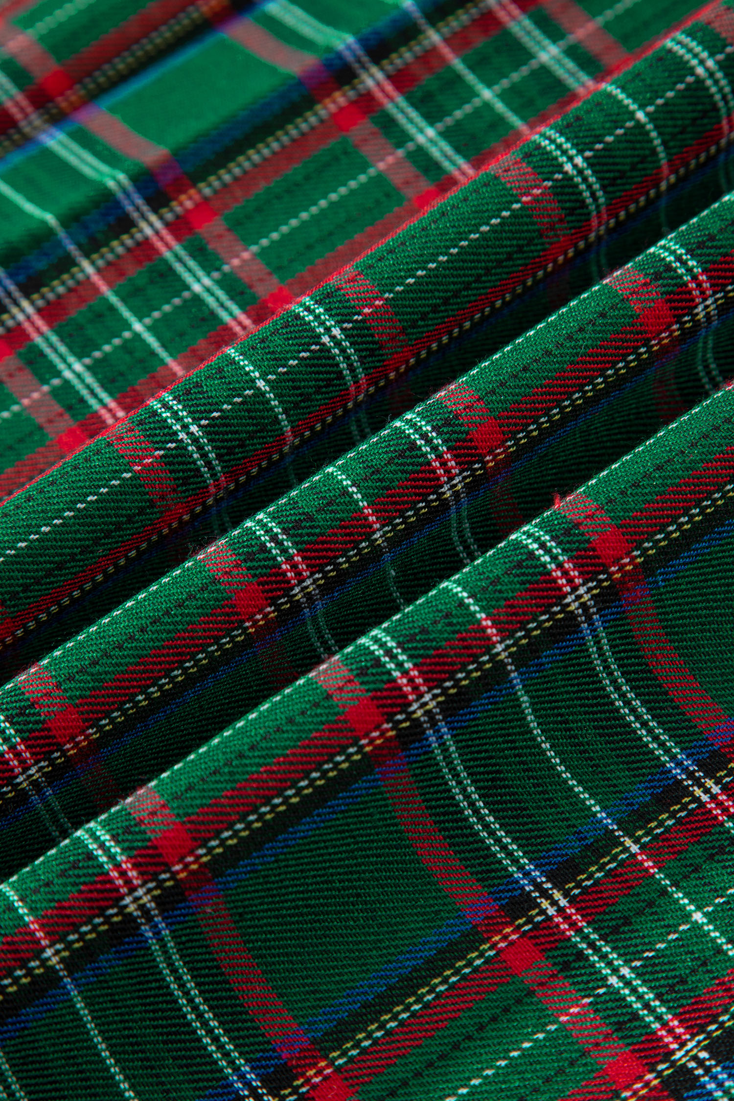 Green Tartan Plaid Square Neck Puff Sleeve Knot Waist Flared Midi Dress view 13