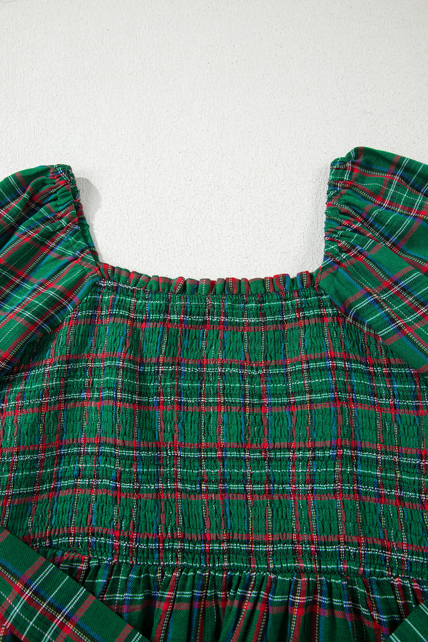 Green Tartan Plaid Square Neck Puff Sleeve Knot Waist Flared Midi Dress view 18