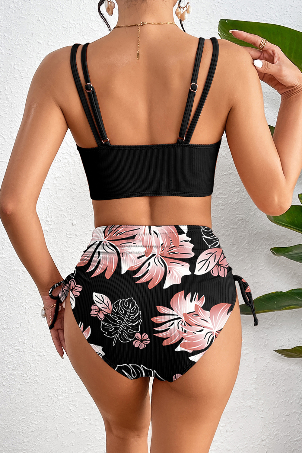 Black Ribbed Knit High Waist 2pcs Bikini Swimsuit view 2
