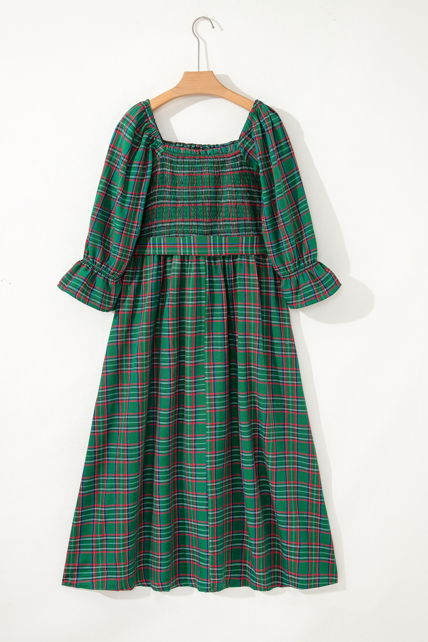 Green Tartan Plaid Square Neck Puff Sleeve Knot Waist Flared Midi Dress view 10