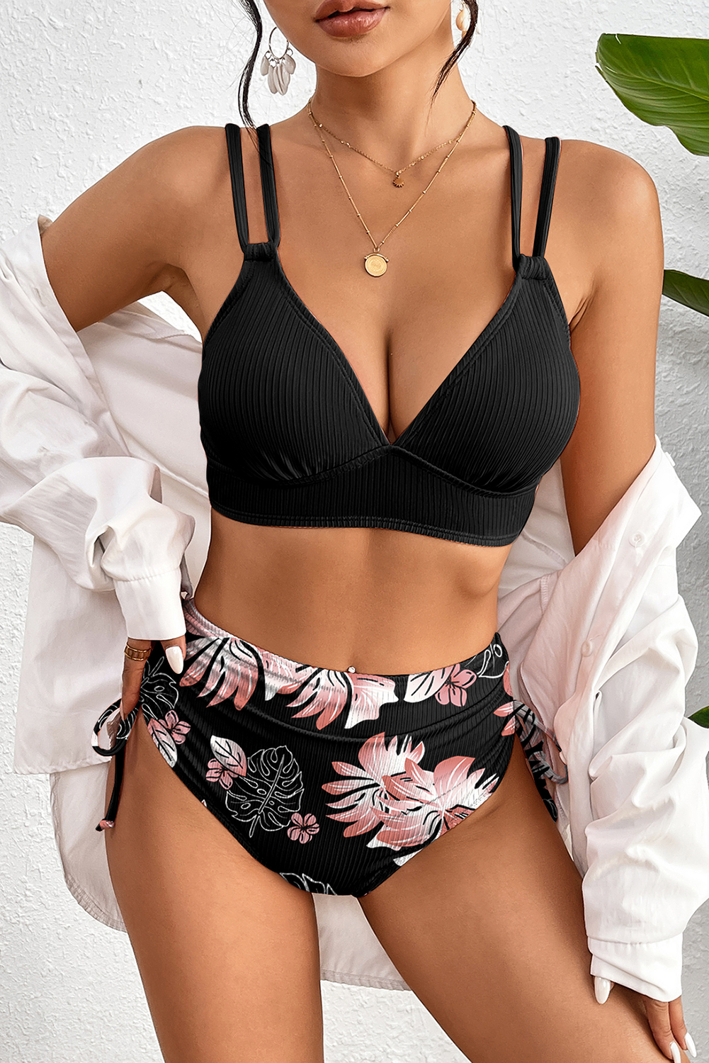 Black Ribbed Knit High Waist 2pcs Bikini Swimsuit view 6