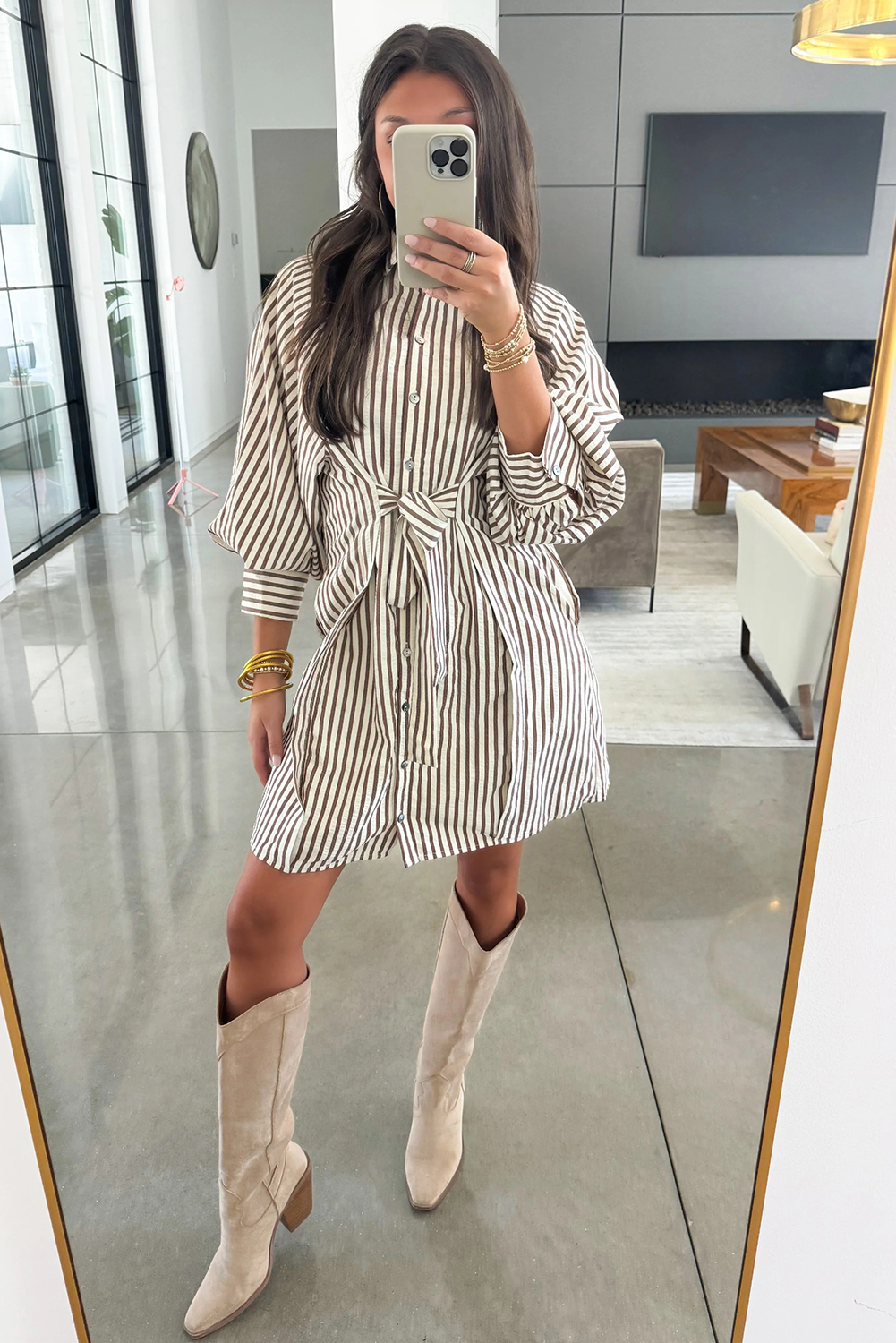 Brown Stripe Knot Waist Puff Sleeve Button Down Mini Shirt Dress view 10