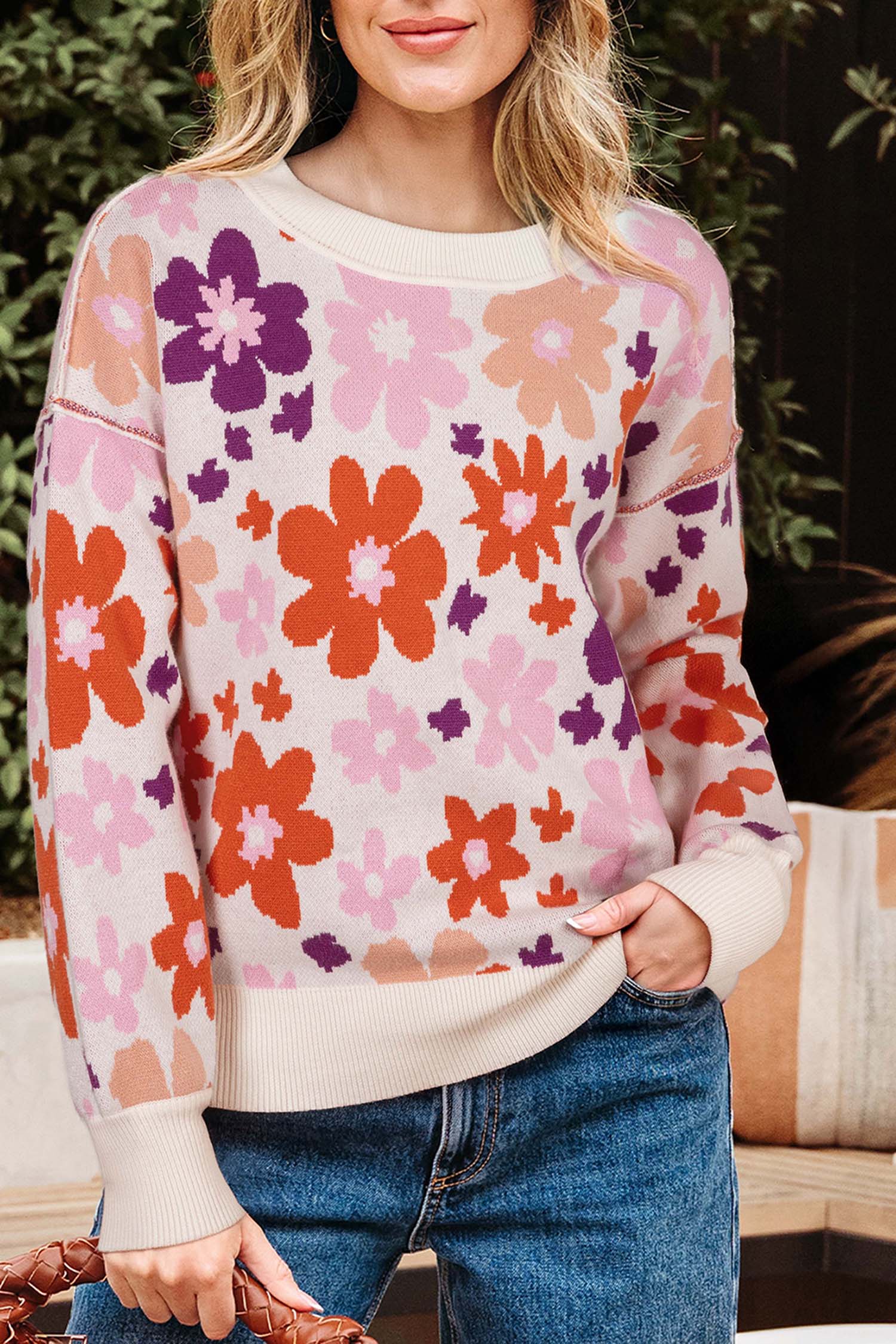 Khaki Fall Floral Pattern Drop Shoulder Sweater view 5