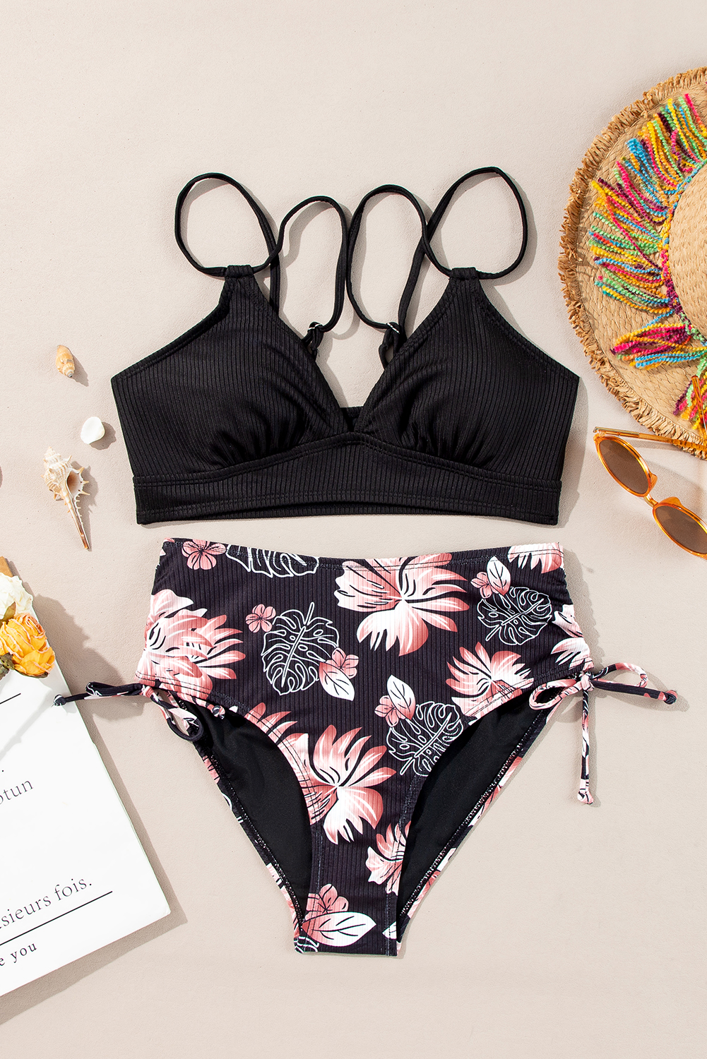 Black Ribbed Knit High Waist 2pcs Bikini Swimsuit view 7